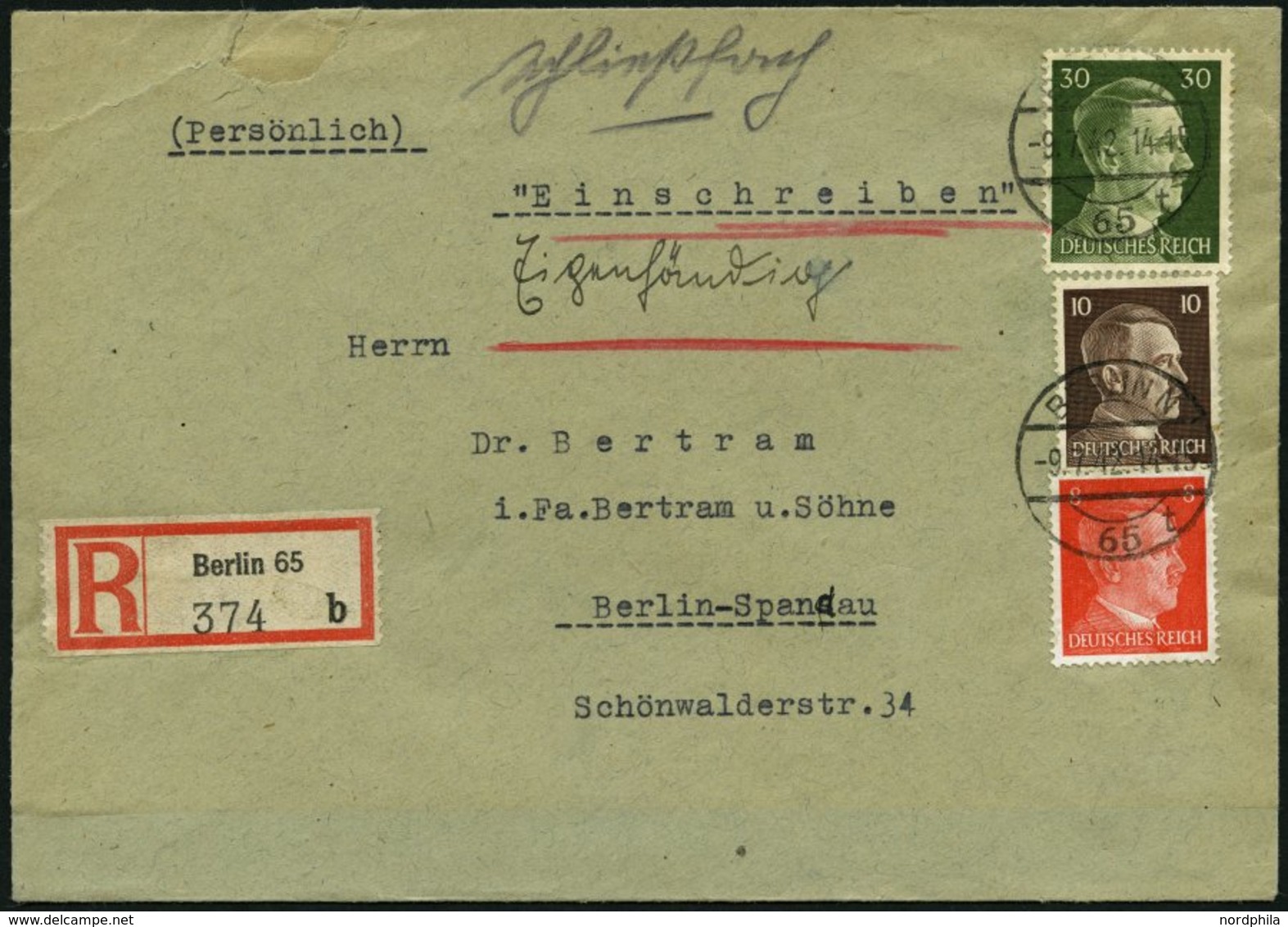 Dt. Reich 786/7,794 BRIEF, 1942, 8, 10 Und 40 Pf. Hitler Auf Einschreibbrief (eigenhändig) Aus BERLIN 65, Oben Öffnungsm - Autres & Non Classés