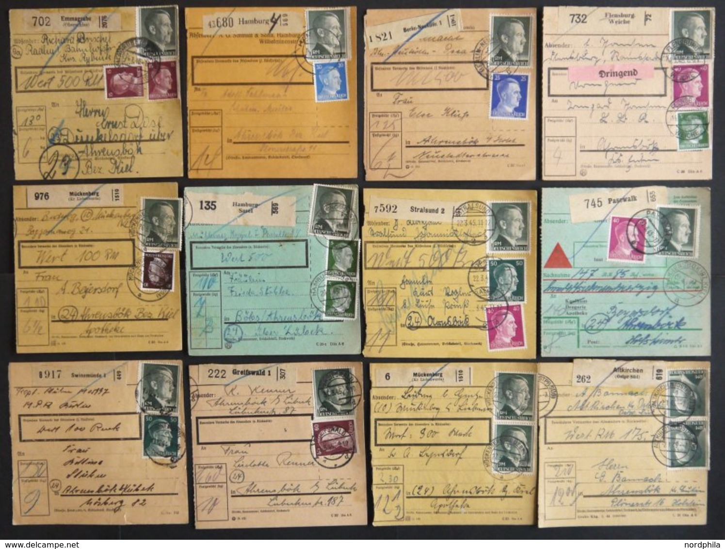 Dt. Reich 799A/B BRIEF, 1944/5, 1 M. Hitler, Beide Zähnungen, 12 Paketkarten Mit Verschiedenen Frankaturen, Feinst/Prach - Autres & Non Classés