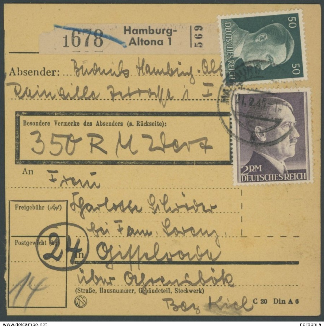 Dt. Reich 800B BRIEF, 1945, 2 M. Schwarzviolett, Gezähnt B, Mit 50 Pf. Zusatzfrankatur Auf Paketkarte Aus HAMBURG ALTONA - Andere & Zonder Classificatie