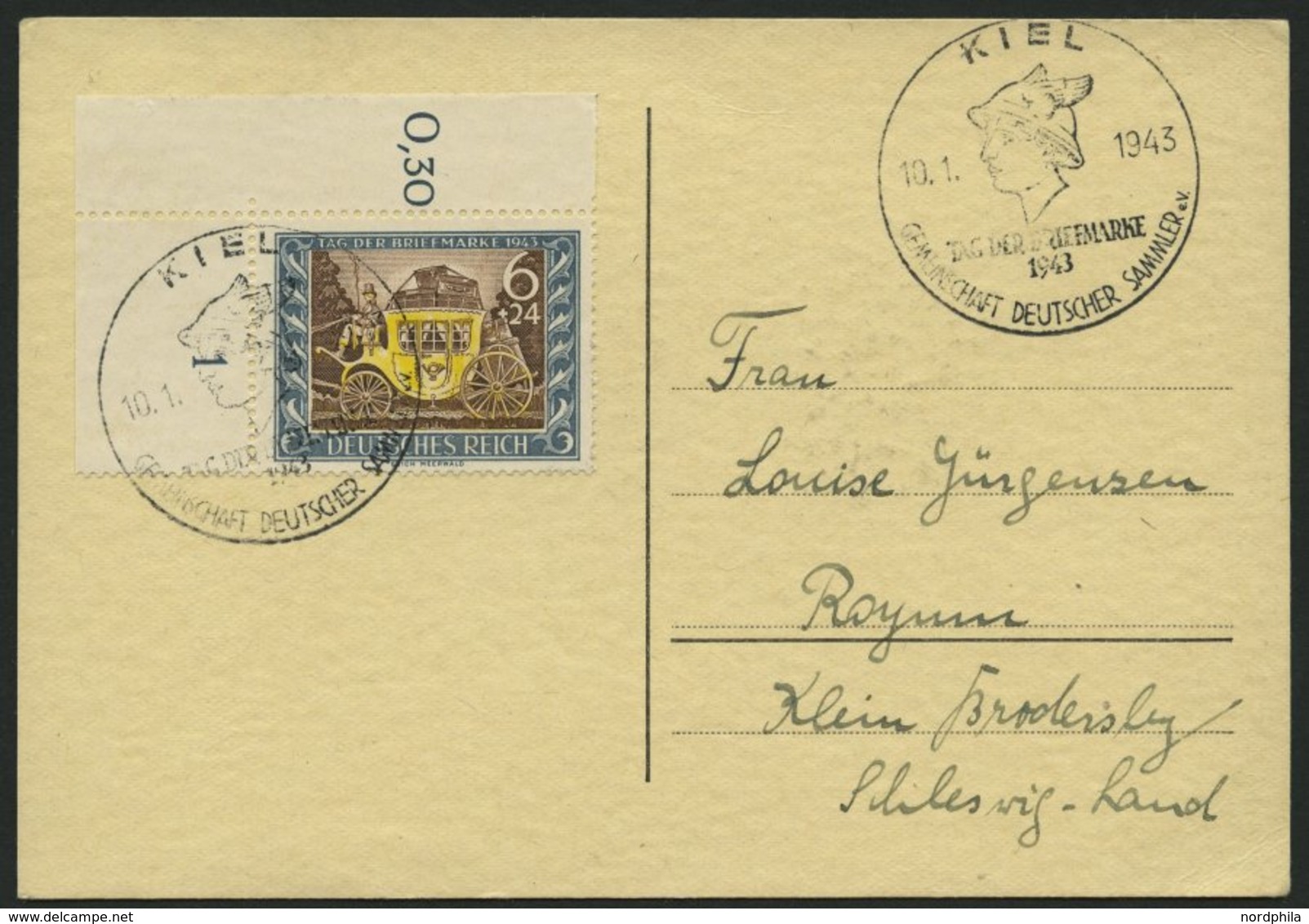 Dt. Reich 828 BRIEF, 1943, 6 Pf. Tag Der Briefmarke, Linke Obere Bogenecke Mit Ersttags-Sonderstempel KIEL Auf Bedarfsbr - Andere & Zonder Classificatie