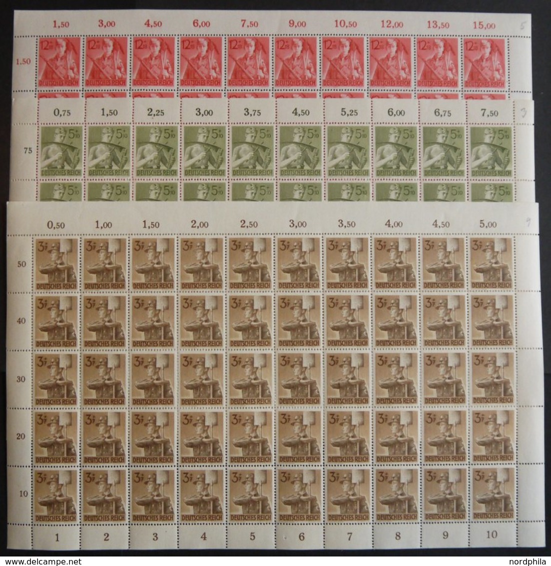 Dt. Reich 850-52 **, 1943, 3 - 6 Pf. Arbeitsdienst, Je Im Bogen (50), 3 Pf. Mit Abart Auf Feld 4 Und 9, Postfrisch, Prac - Andere & Zonder Classificatie