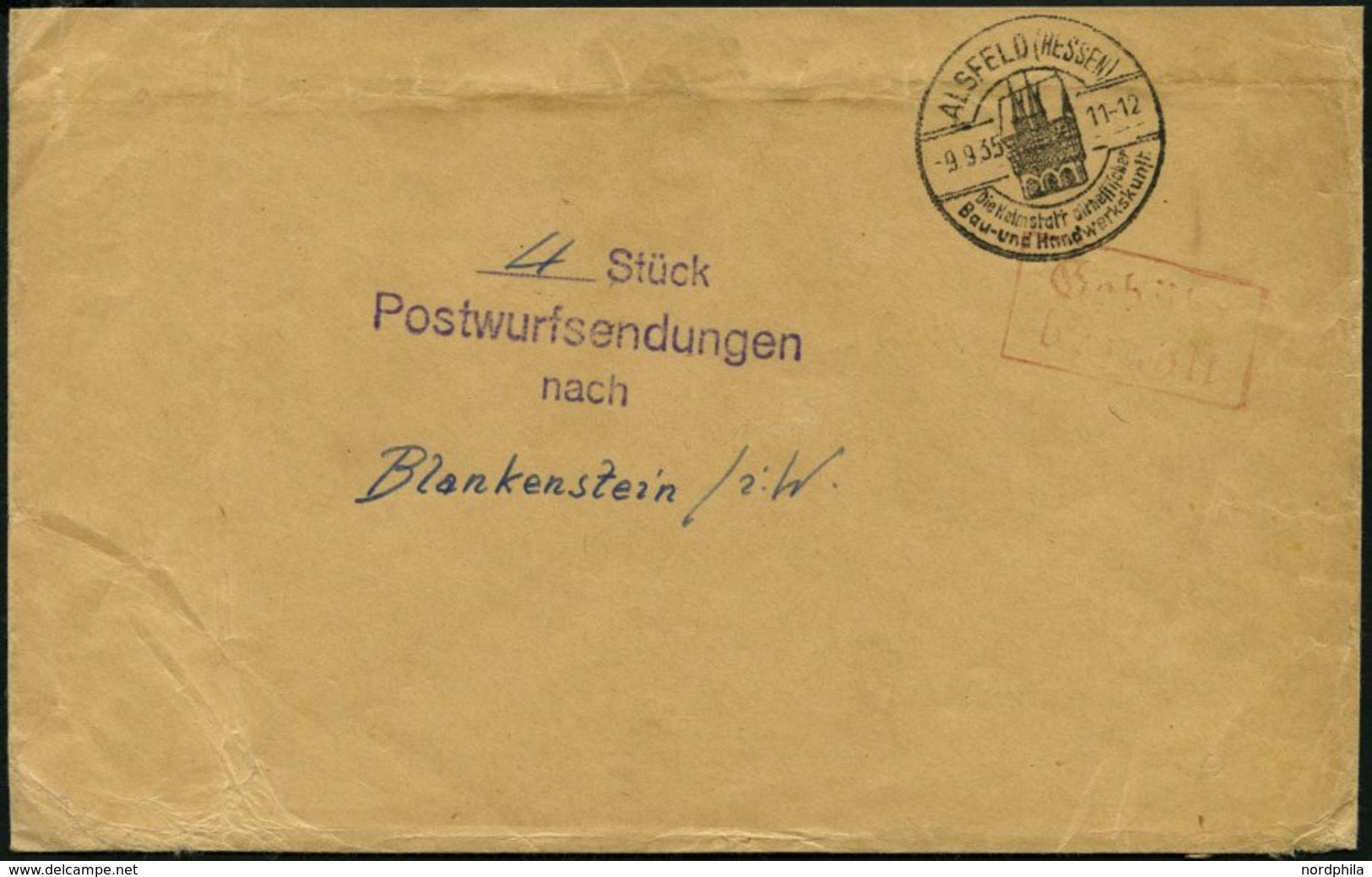 DIENSTMARKEN 1935, Umschlag Aus ALSFELD Mit Stempel 4 Stück Postwurfsendungen Nach Blankenstein, Roter Gebühr-bezahlt-St - Officials