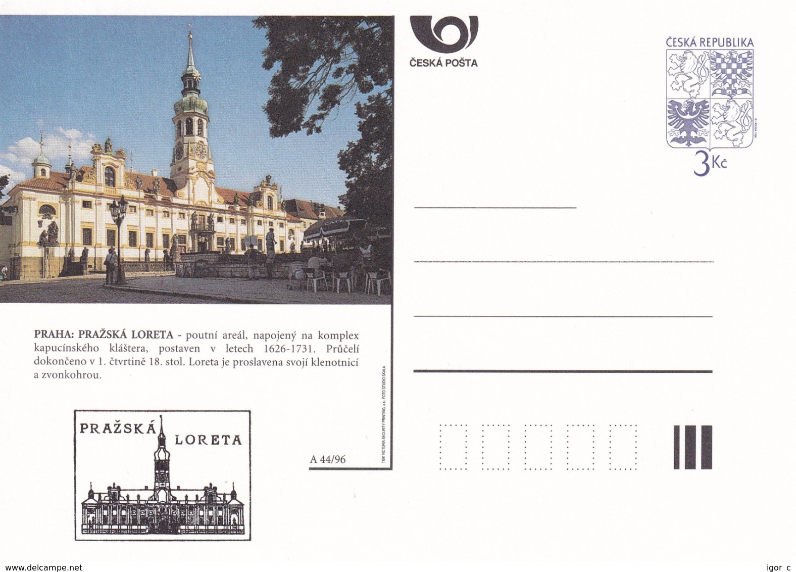 Czech Republic 1996 Postal Stationery Card: Architecture Castle Lion Eagle; PRAHA / LORETA A44/96; - Sonstige & Ohne Zuordnung