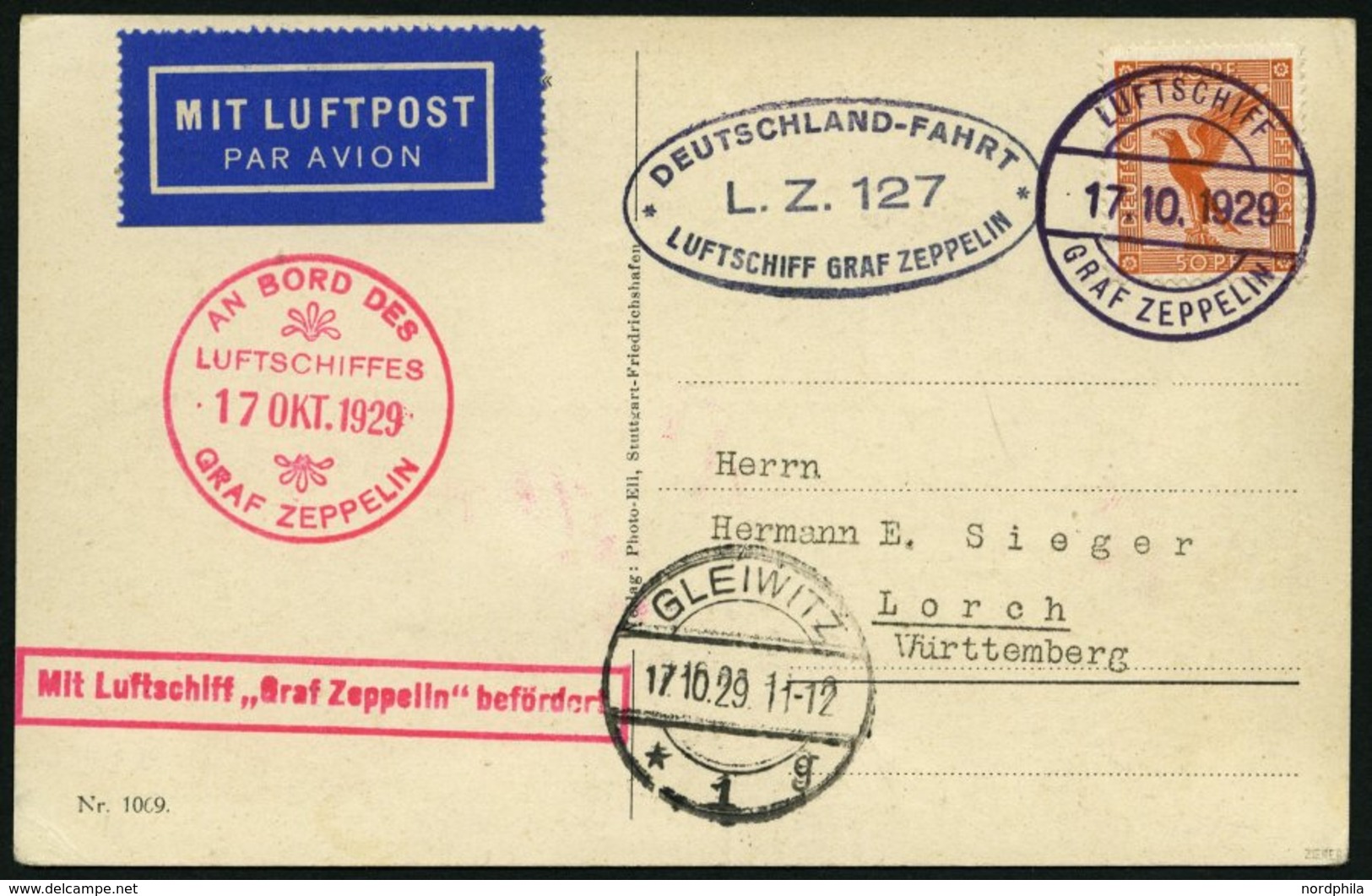 ZEPPELINPOST 43d BRIEF, 1929, Schlesienfahrt, Abwurf Gleiwitz, Ovaler Privater Stempel Deutschlandfahrt, Nur 84 Belege A - Zeppelin