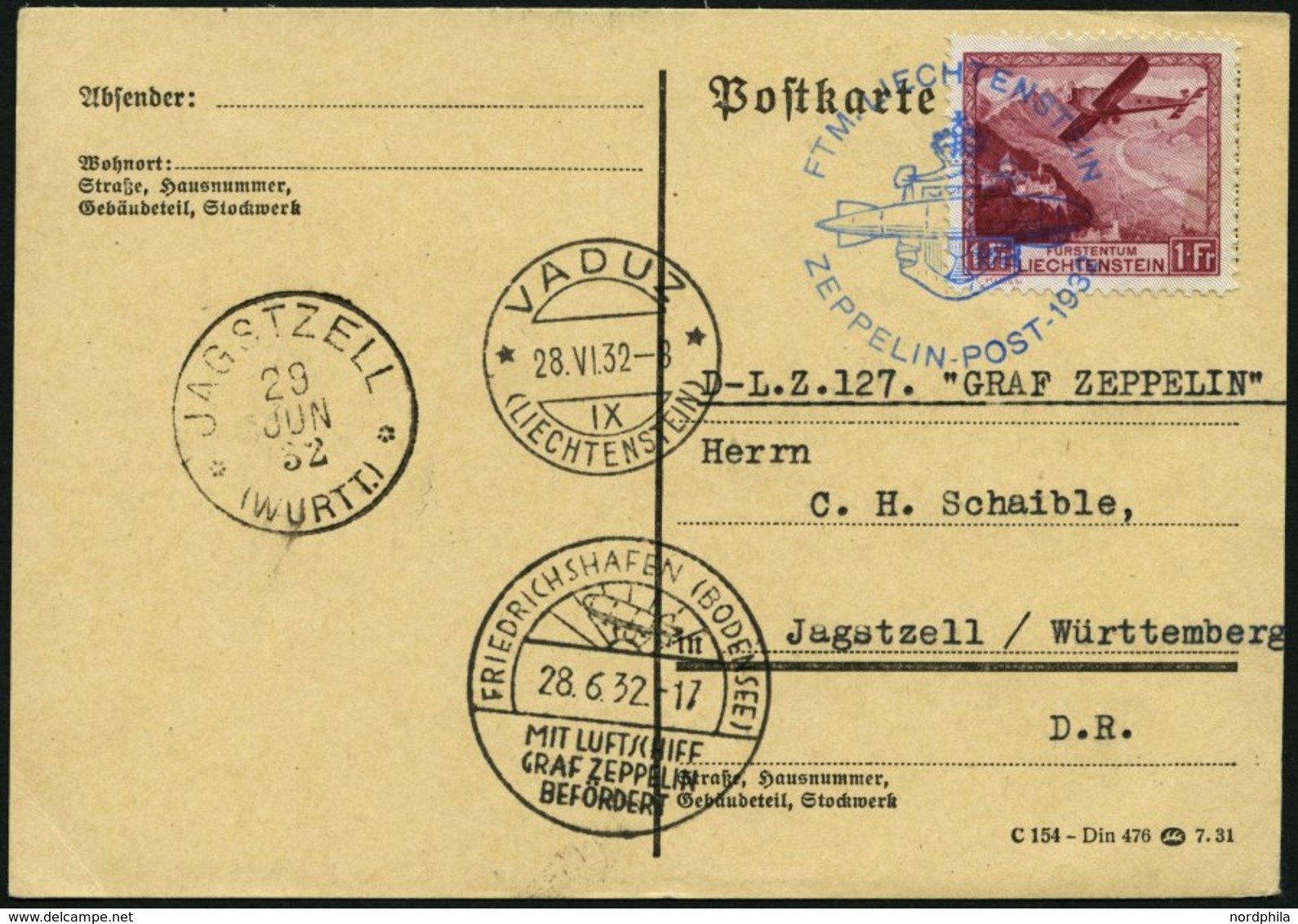 ZEPPELINPOST 167 BRIEF, 1932, Schweizfahrt, Auflieferung Vaduz, Frankiert Mit Mi.Nr 113, Prachtkarte - Zeppeline