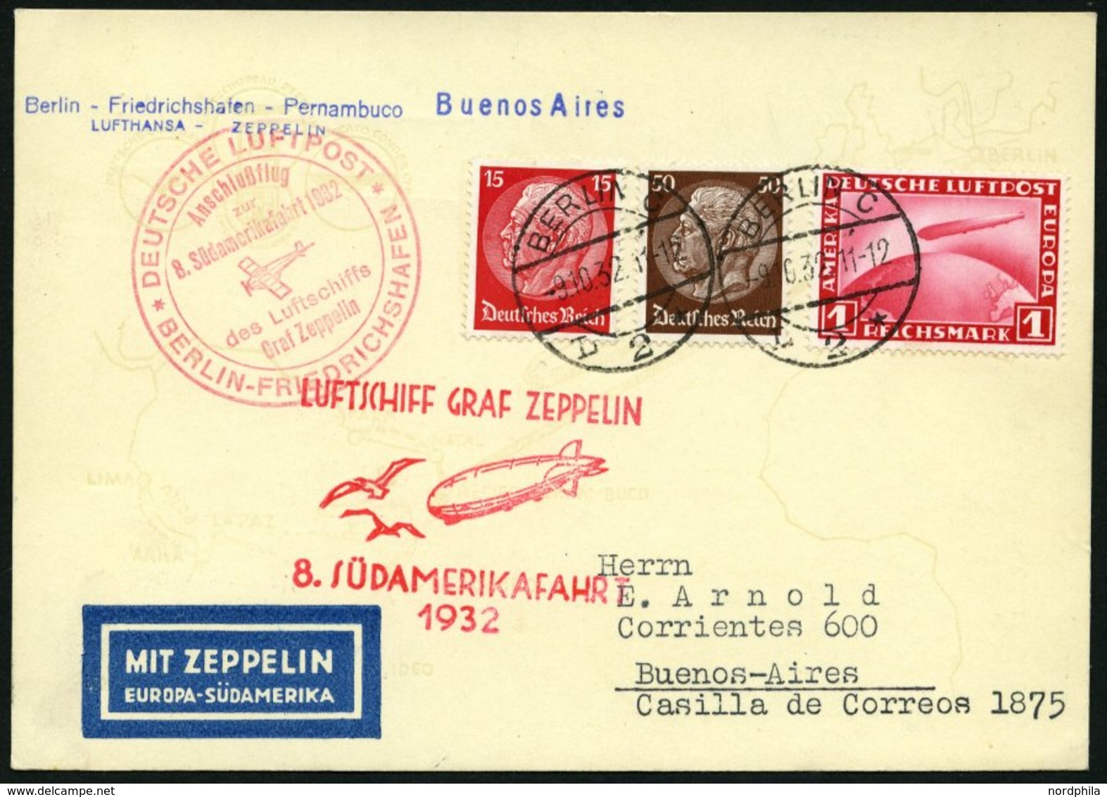 ZEPPELINPOST 189B BRIEF, 1932, 8. Südamerikafahrt, Anschlußflug Ab Berlin, Prachtkarte - Zeppelins