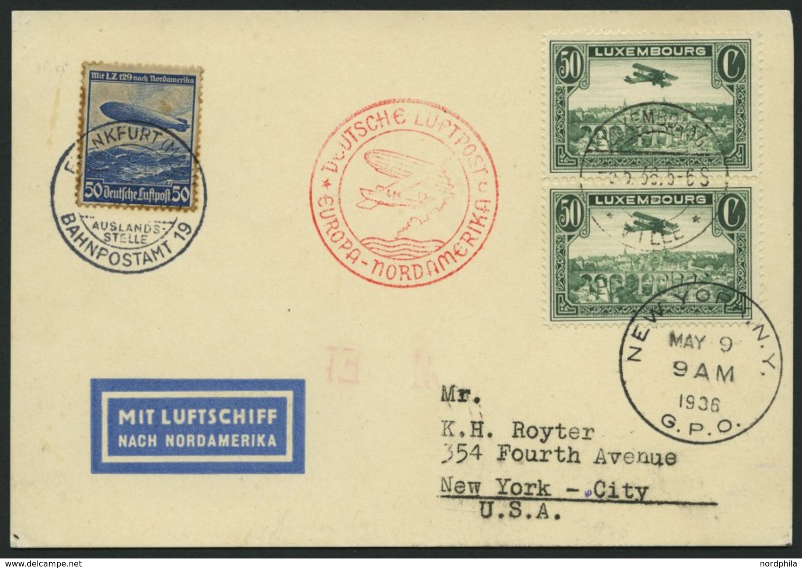 ZULEITUNGSPOST 406C BRIEF, Luxemburg: 1936, 1. Nordamerikafahrt, Auflieferung Frankfurt, Prachtkarte - Zeppelin