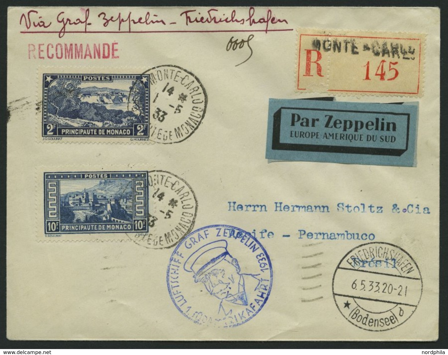 ZULEITUNGSPOST 202 BRIEF, Monaco: 1933, 1. Südamerikafahrt, Einschreibbrief, Pracht, Gepr. Simon - Zeppeline