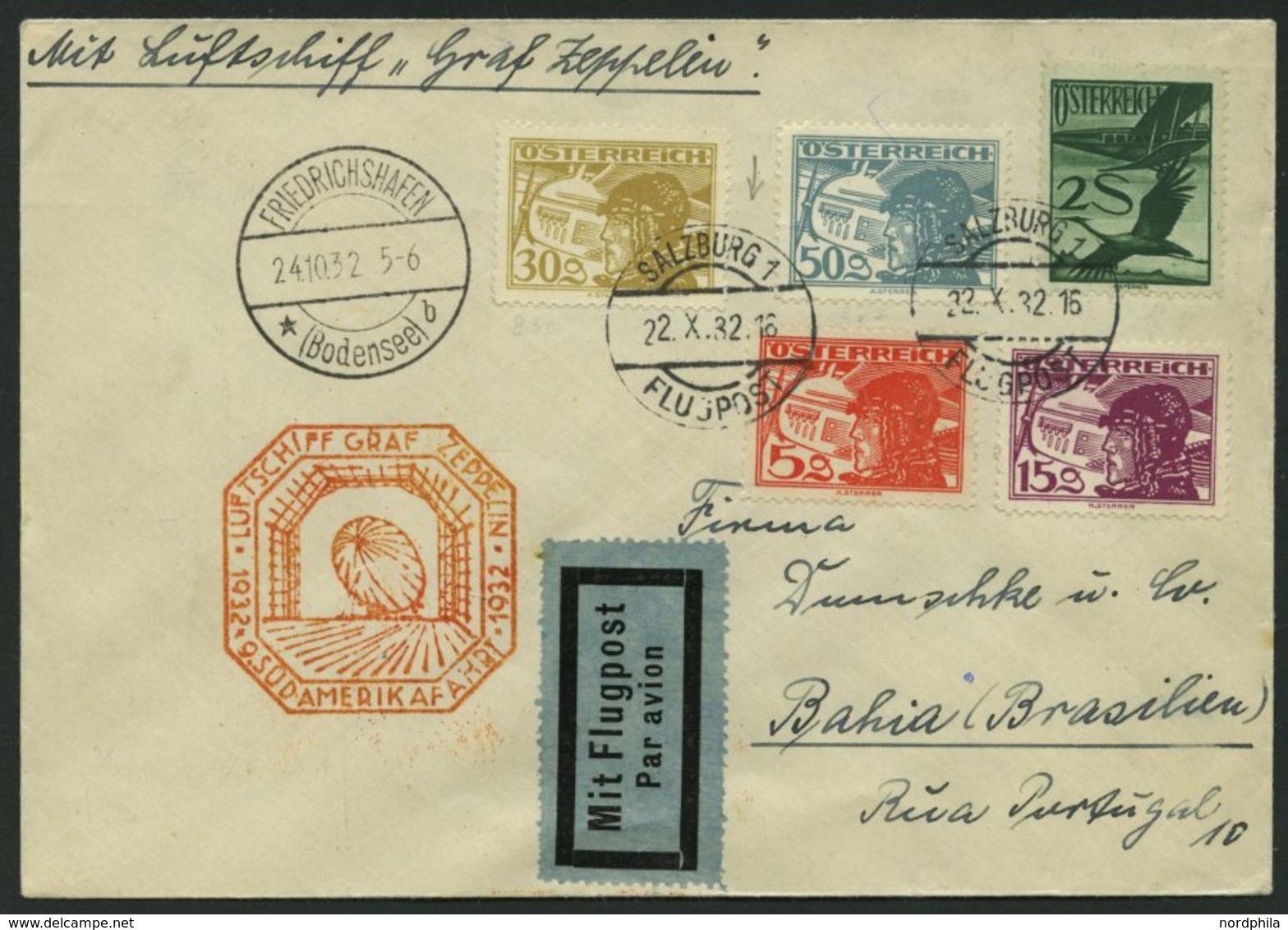 ZULEITUNGSPOST 195 BRIEF, Österreich: 1932, 9. Südamerikafahrt, Aufgabestempel SALZBURG, Prachtbrief - Zeppelins