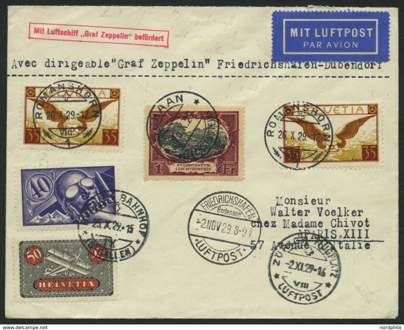 ZULEITUNGSPOST 45 BRIEF, Schweiz: 1929, Fahrt Nach Dübendorf, Mit Liechtenstein-Beifrankatur, Seltener Prachtbrief Nach  - Zeppelins