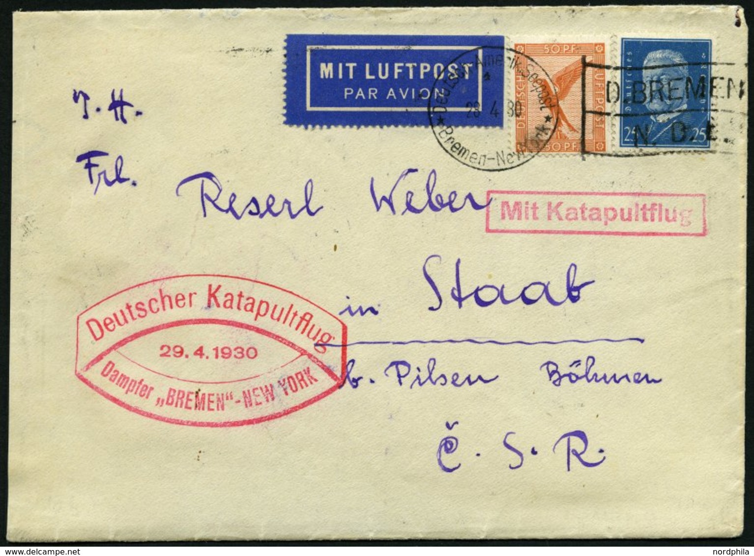 KATAPULTPOST 10b BRIEF, 29.4.1930, &quot,Bremen&quot, - New York, Seepostaufgabe, Brief Feinst - Covers & Documents