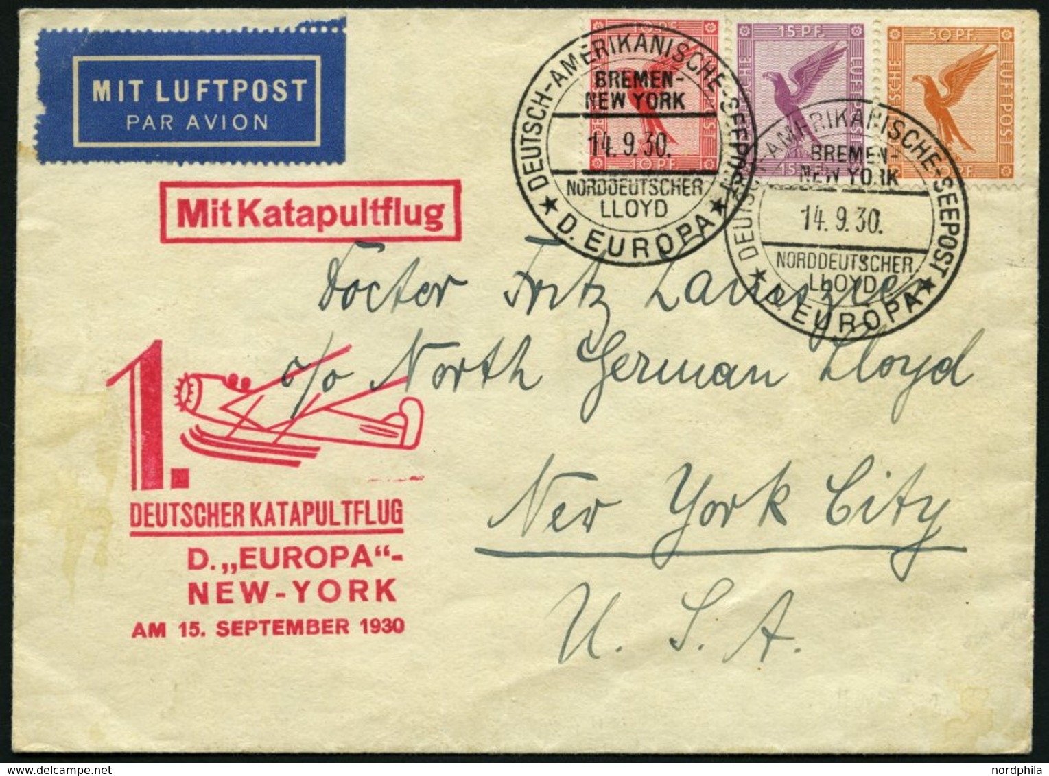 KATAPULTPOST 31b BRIEF, 15.9.1930, &quot,Europa&quot, - New York, Seepostaufgabe, Prachtbrief - Storia Postale