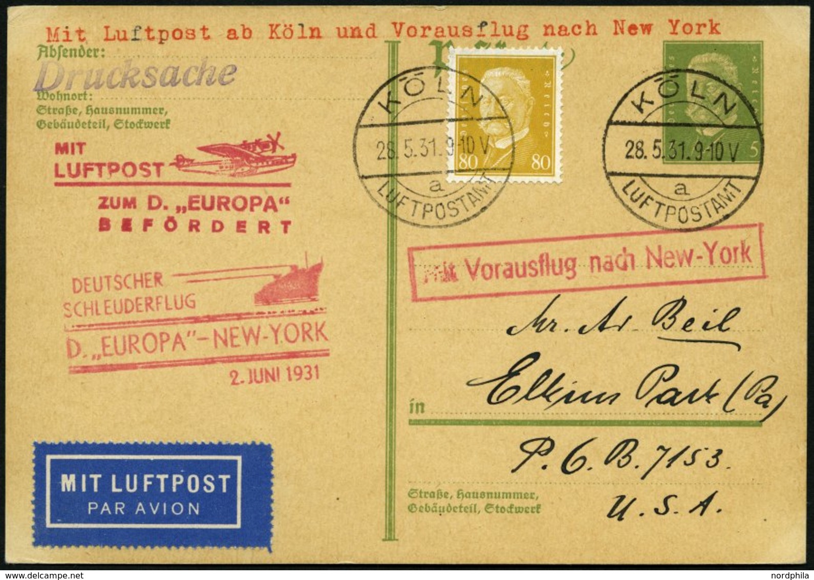 KATAPULTPOST 45c BRIEF, 2.6.1931, Europa - New York, Nachbringe- Und Schleuderflug, Auf 5 Pf. Hindenburg - Ganzsachenkar - Storia Postale