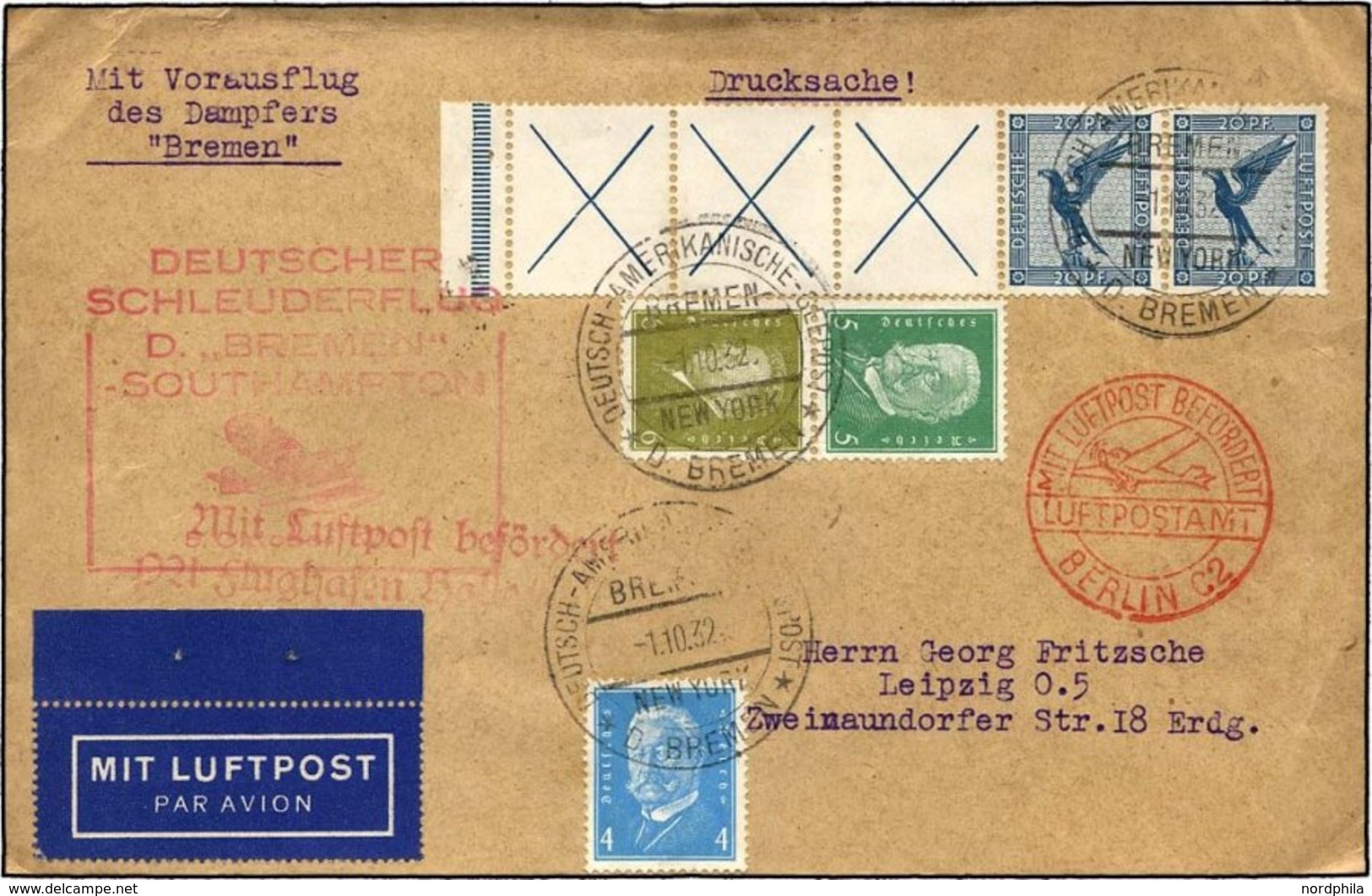 KATAPULTPOST 112c BRIEF, 5.10.1932, Bremen - Southampton, Deutsche Seepostaufgabe, Frankiert U.a. Mit RL 15b, Drucksache - Covers & Documents