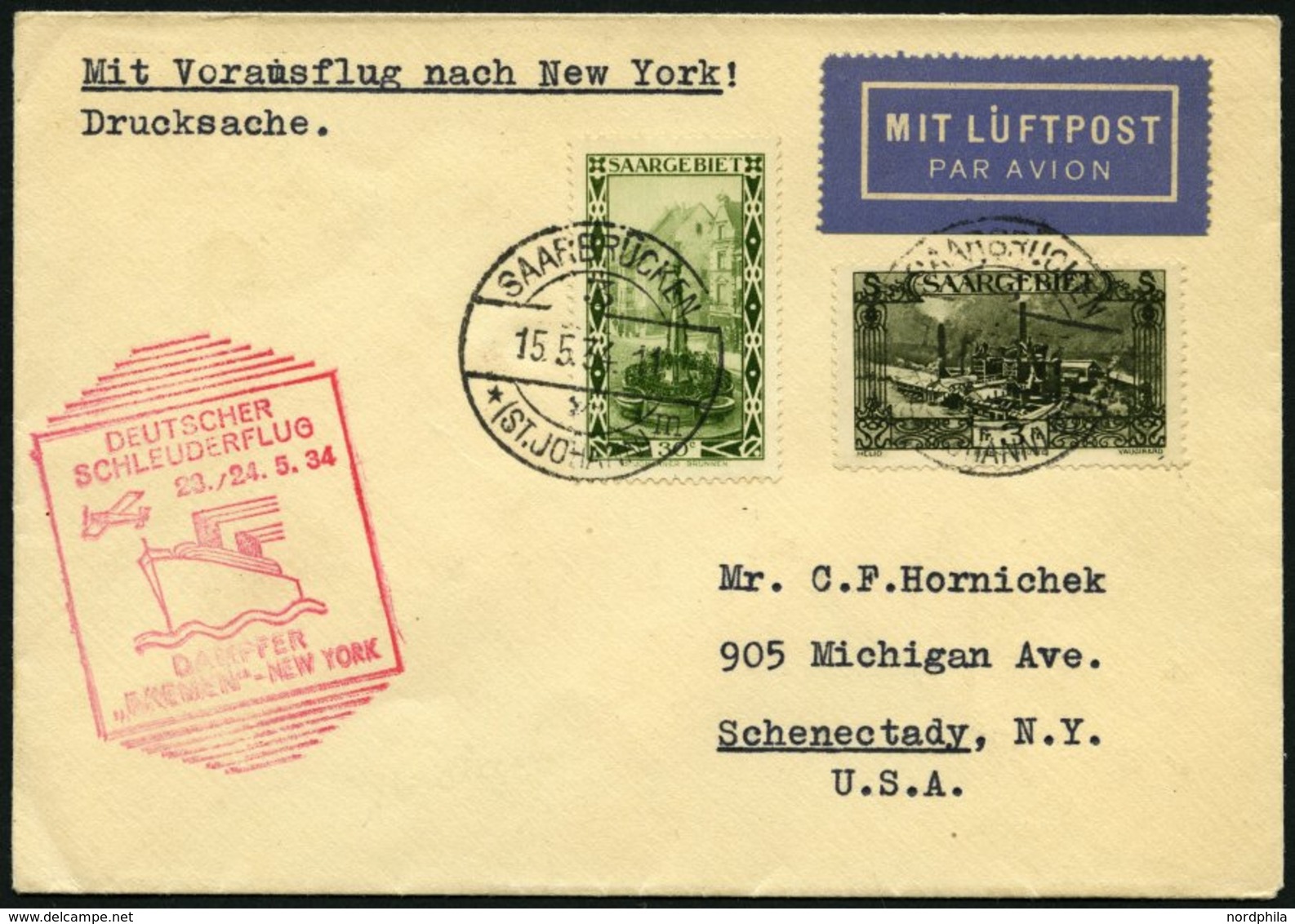 KATAPULTPOST 153Sr BRIEF, Saargebiet: 23.5.1934, &quot,Bremen&quot, - New York, Drucksache, Prachtbrief, Nur 16 Belege B - Storia Postale