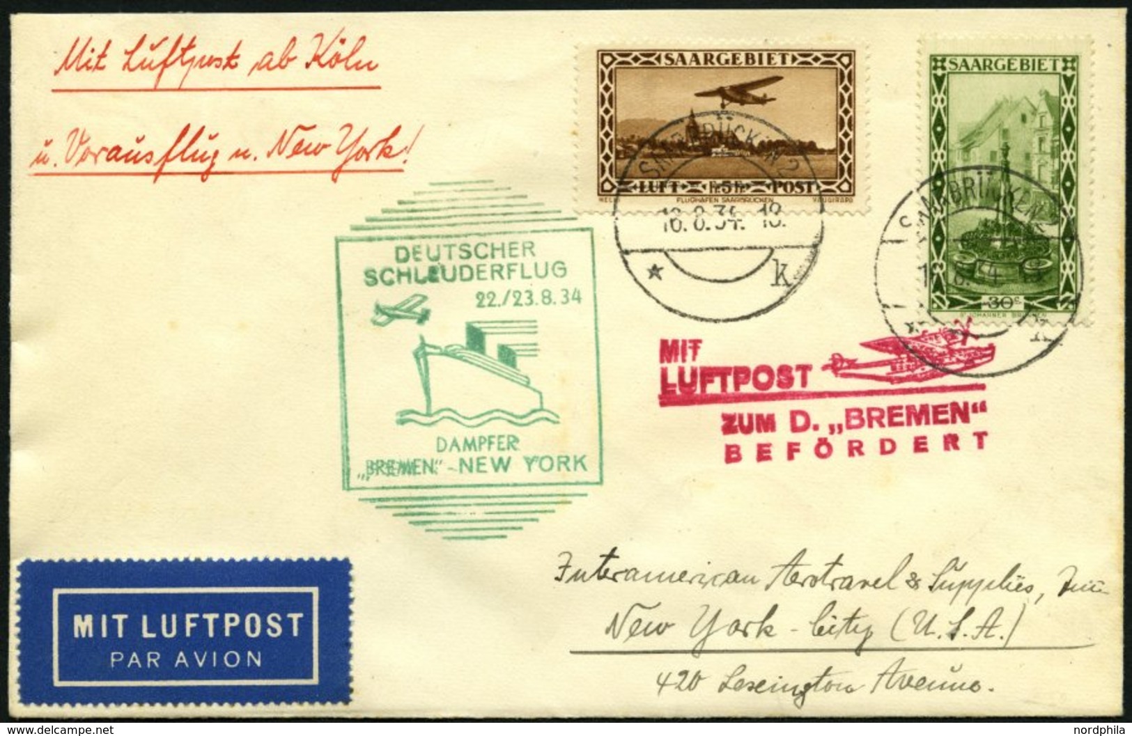 KATAPULTPOST 173Sr BRIEF, Saargebiet: 22.8.1934, &quot,Bremen&quot, - New York, Nachbringeflug, Mit Guter Frankatur, U.a - Briefe U. Dokumente