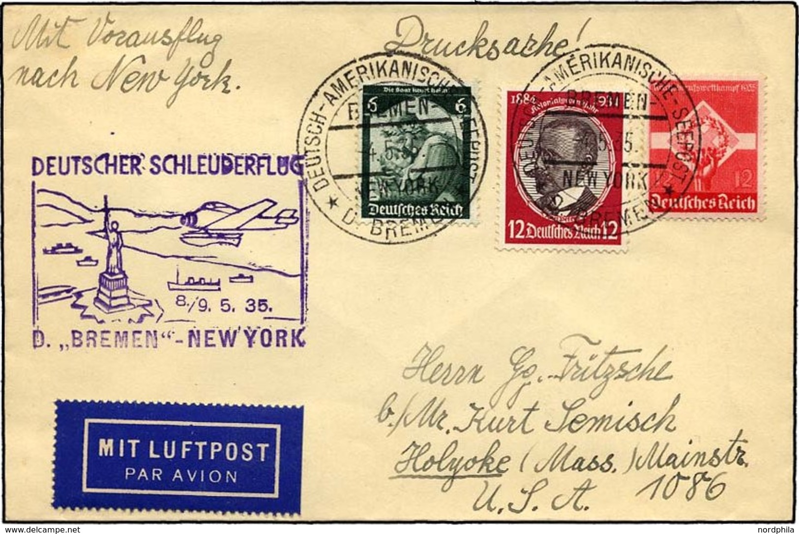 KATAPULTPOST 185b BRIEF, 9.5.1935, Bremen - New York, Seepostaufgabe, Drucksache, Pracht - Lettres & Documents