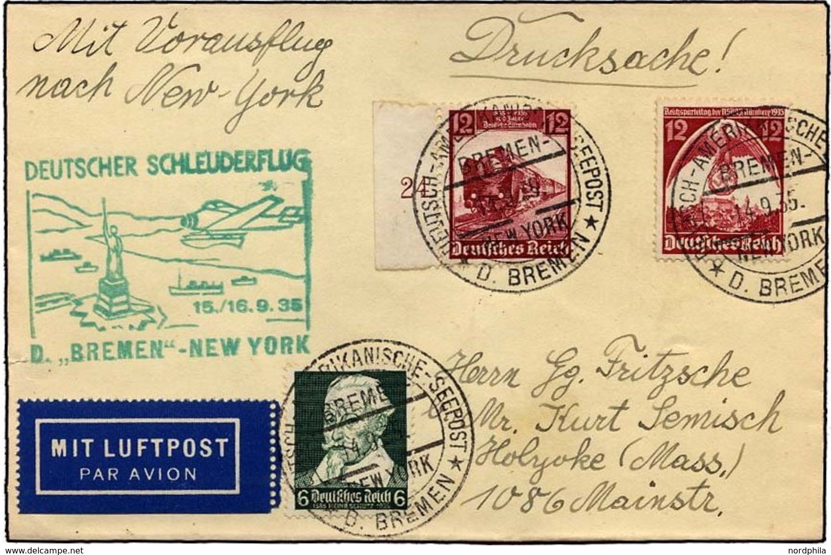 KATAPULTPOST 213b BRIEF, 15.9.1935, Bremen - New York, Seepostaufgabe, Drucksache, Pracht - Lettres & Documents