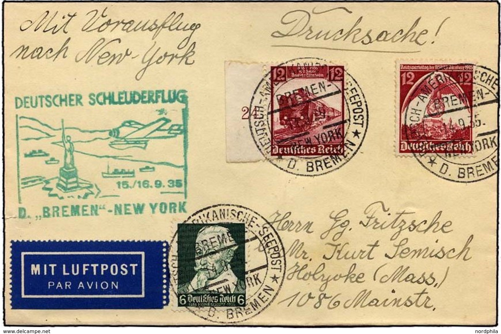 KATAPULTPOST 213b BRIEF, 15.9.1935, Bremen - New York, Seepostaufgabe, Drucksache, Pracht - Briefe U. Dokumente