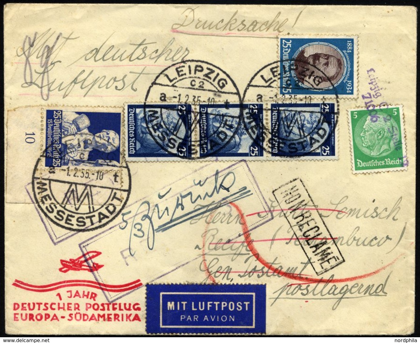 KATAPULTPOST 356 BRIEF, 2.2.1935, 1 Jahr Deutscher Postflug, Roter Sonderstempel, Drucksache Mit Guter Frankatur (u.a. N - Briefe U. Dokumente