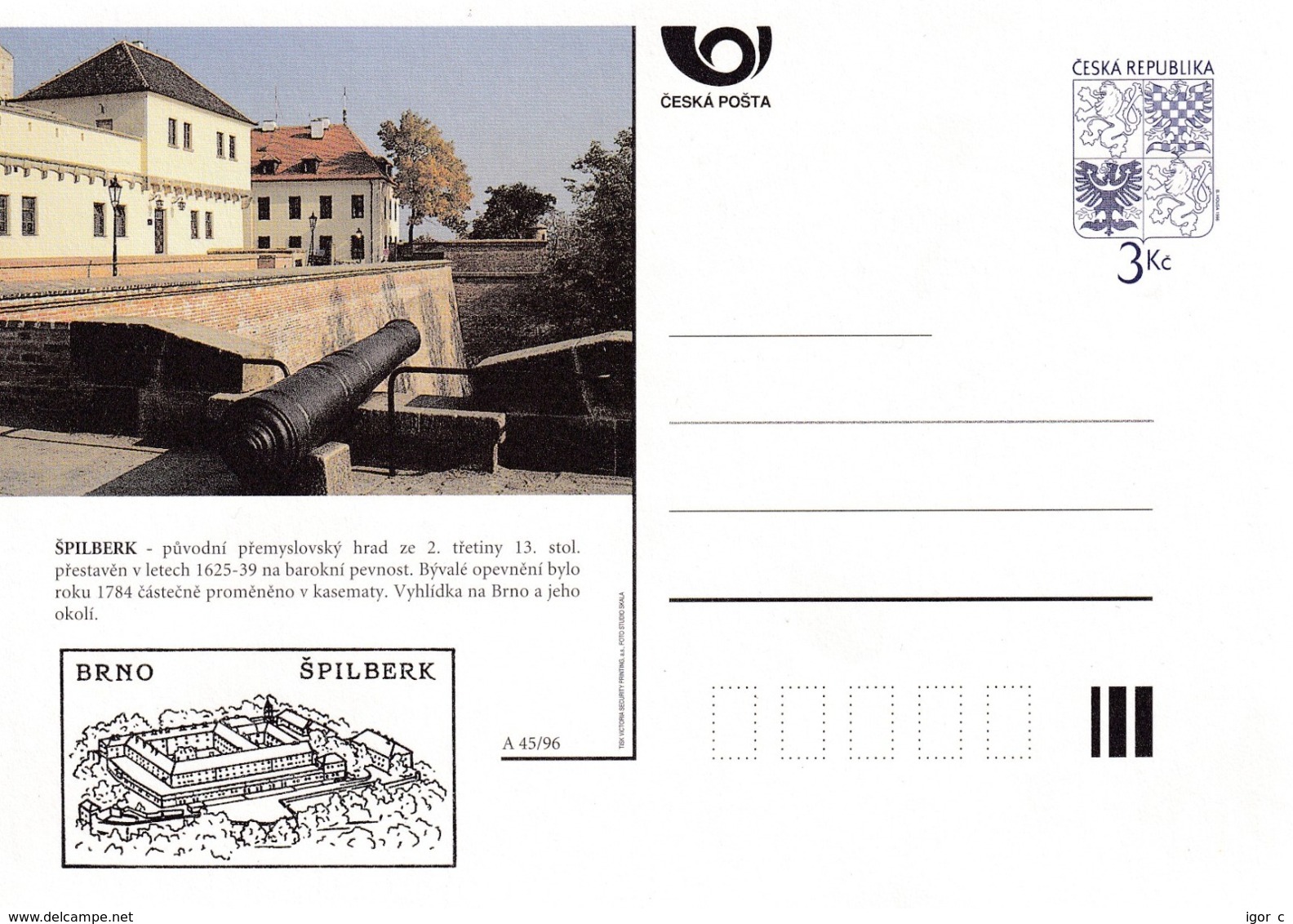 Czech Republic 1996 Postal Stationery Card: Architecture Castle Lion Eagle; SPILBERK A45/96; Cannon - Sonstige & Ohne Zuordnung