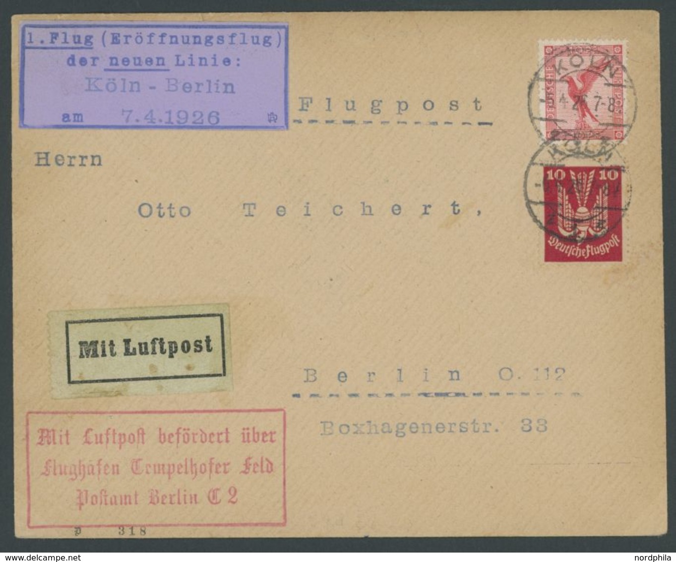 ERST-UND ERÖFFNUNGSFLÜGE 7.4.1926, Köln-Berlin, Prachtbrief - Airplanes