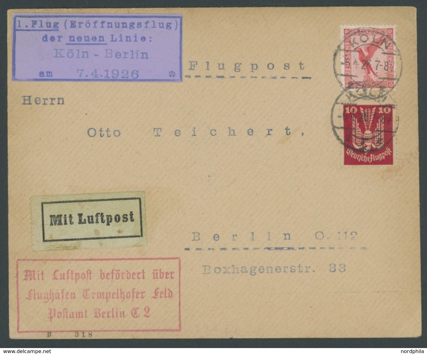 ERST-UND ERÖFFNUNGSFLÜGE 7.4.1926, Köln-Berlin, Prachtbrief - Vliegtuigen