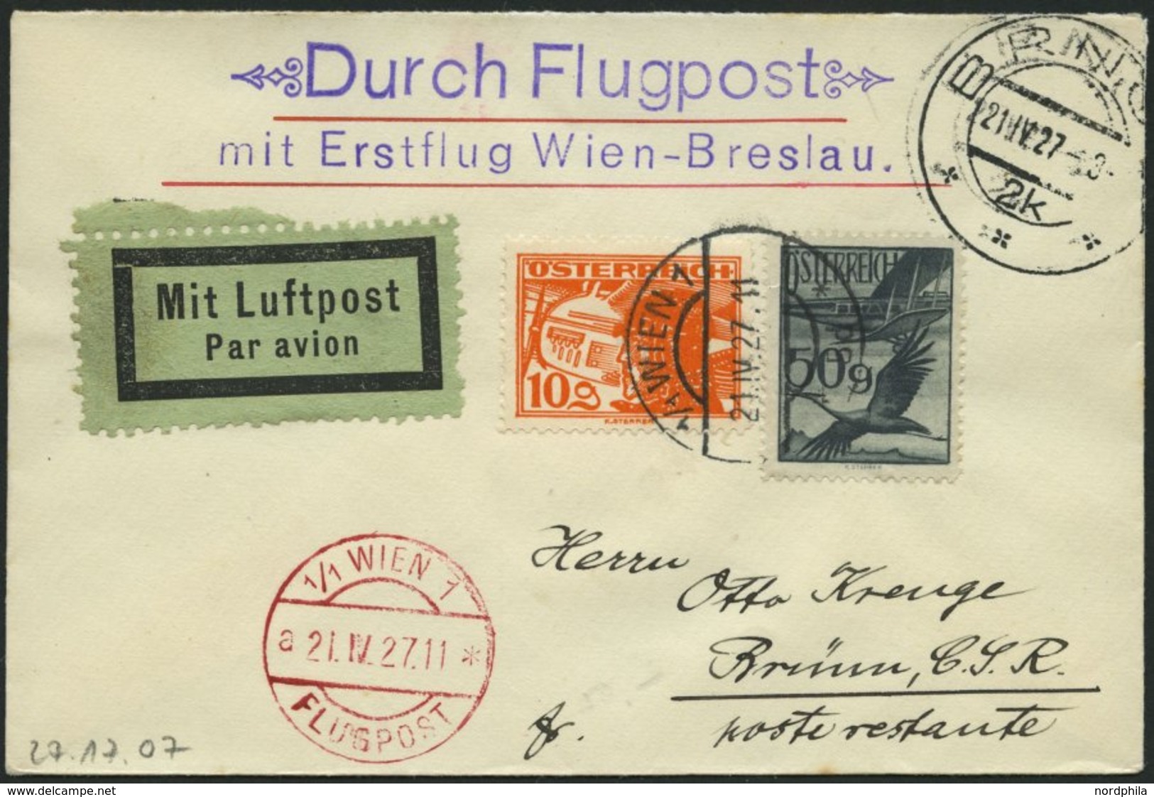ERST-UND ERÖFFNUNGSFLÜGE 27.17.07 BRIEF, 21.4.1927, Wien-Brünn, Prachtbrief - Vliegtuigen