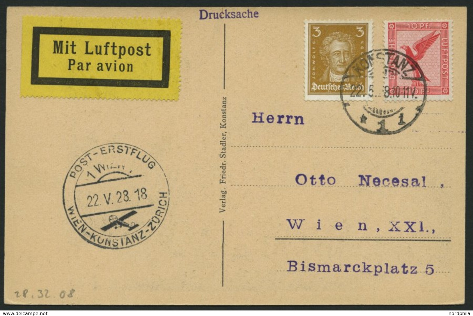 ERST-UND ERÖFFNUNGSFLÜGE 28.32.08 BRIEF, 22.5.1928, Konstanz-Wien, Prachtkarte - Airplanes