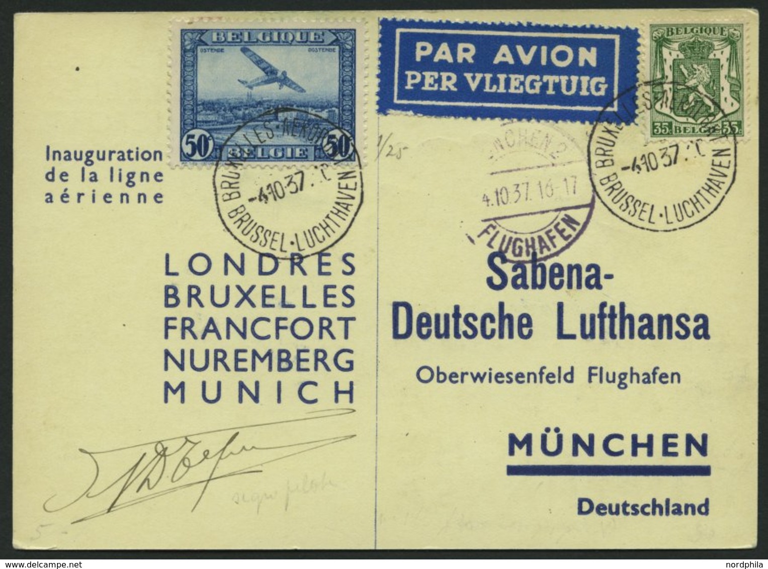 ERST-UND ERÖFFNUNGSFLÜGE 37.8.06 BRIEF, 4.10.1937, Brüssel-München, Prachtkarte - Airplanes