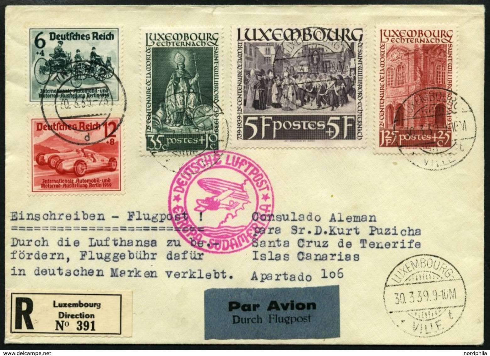 SPÄTERE FLÜGE (SPF) 30.3.1939, Südatlantik-Etappe, Einschreibbrief Mit Dt. Reich/Luxemburg Frankatur, Ab Luxemburg Nach  - Flugzeuge