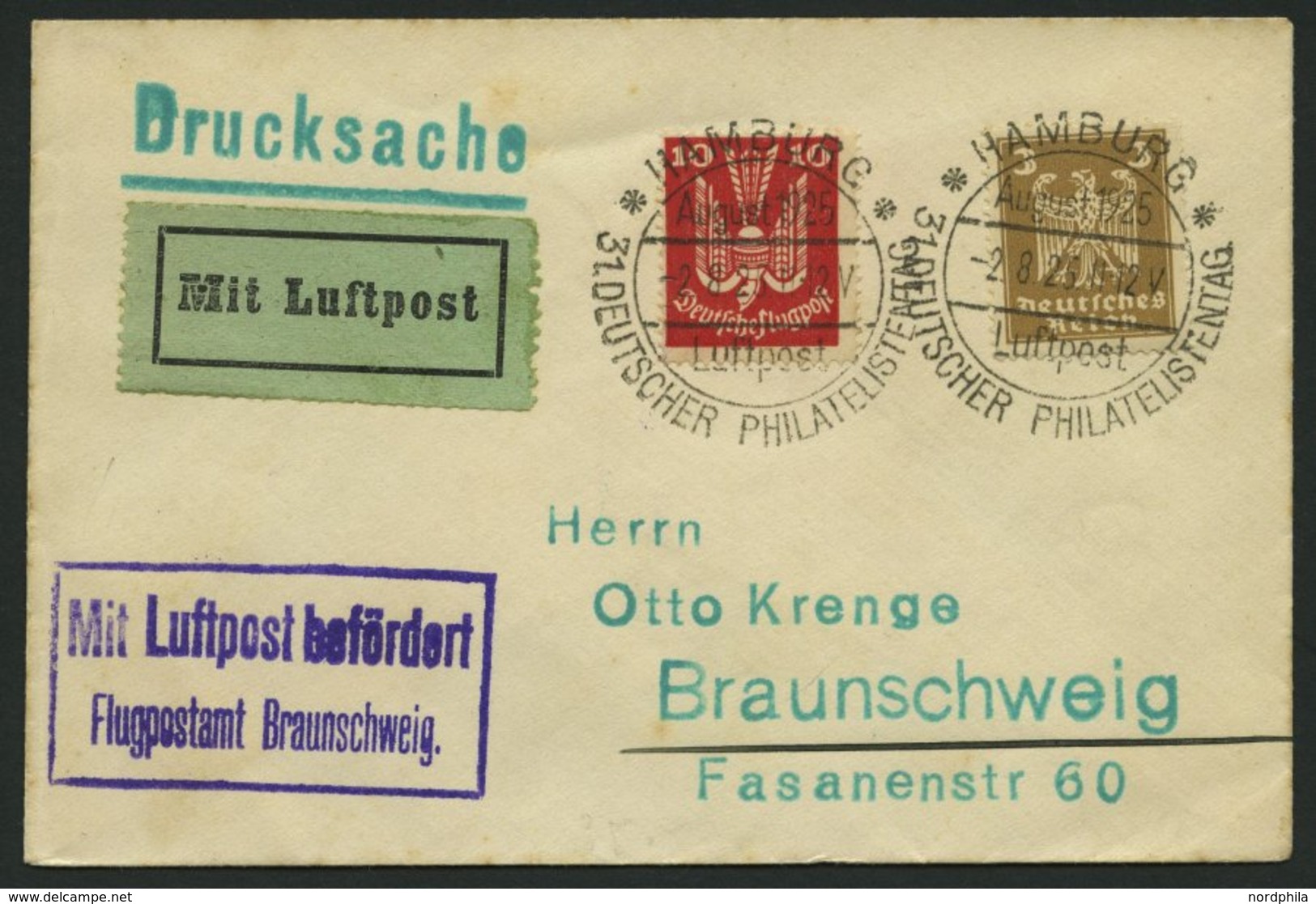 LUFTPOSTBESTÄTIGUNGSSTPL 12-02b BRIEF, BRAUNSCHWEIG In Violett, Drucksache Von HAMBURG Nach Braunschweig, Prachtbrief - Luft- Und Zeppelinpost