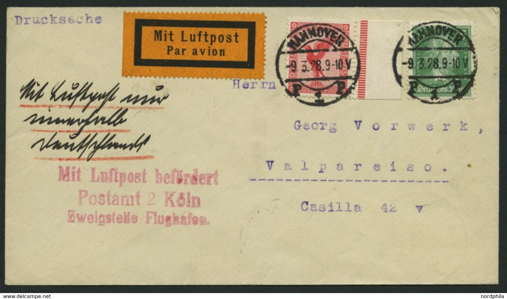 LUFTPOSTBESTÄTIGUNGSSTPL 63-04 BRIEF, KÖLN, Postamt 2, L3, Drucksache Von HANNOVER Nach Chile, Prachtbrief - Poste Aérienne & Zeppelin