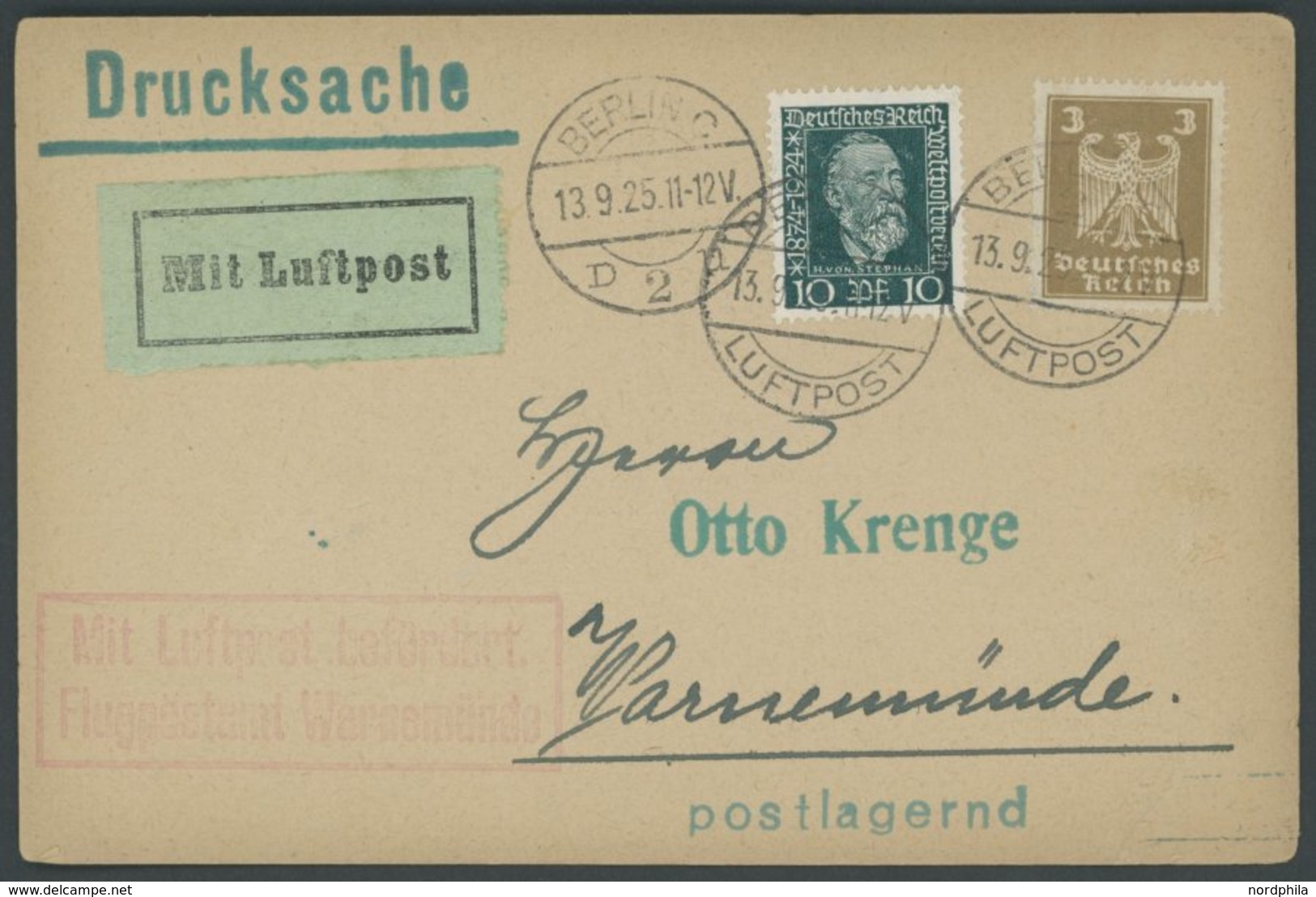 LUFTPOSTBESTÄTIGUNGSSTPL 106-01a BRIEF, WARNEMÜNDE In Rot, Drucksache Von BERLIN Nach Warnemünde, Prachtkarte - Correo Aéreo & Zeppelin