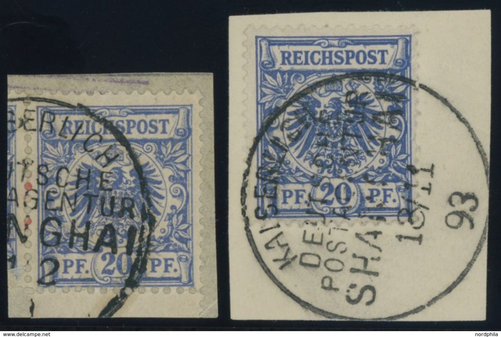 DP CHINA V 48a,d BrfStk, 1891, 20 Pf. Ultramarin Und Violettultramarin, Stempel KDPAG SHANGHAI, 2 Prachtbriefstücke, Gep - Deutsche Post In China