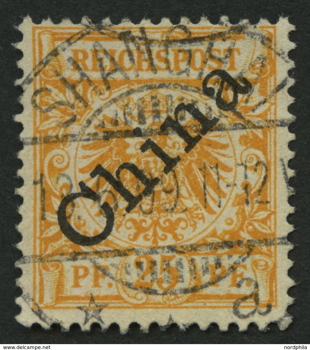 DP CHINA 5Ia O, 1898, 25 Pf. Gelblichorange Diagonaler Aufdruck, Zentrischer Schweizer Stempel SHANGHAI A, Kleine Schürf - Deutsche Post In China