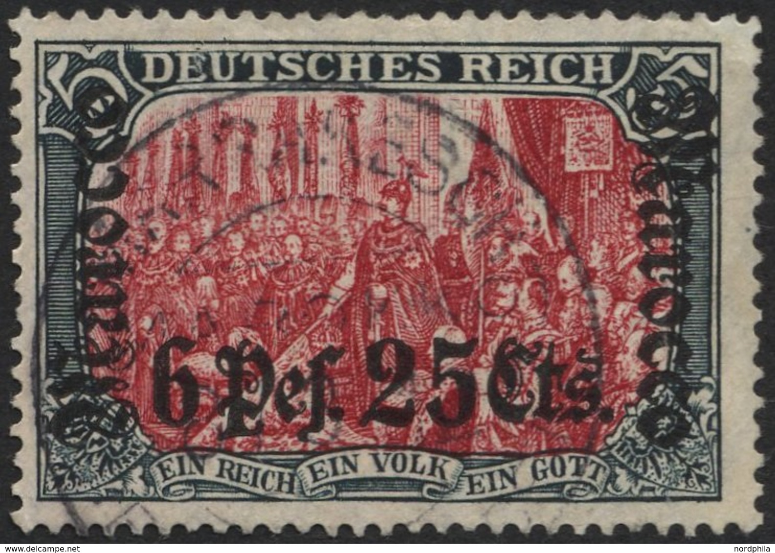 DP IN MAROKKO 45 O, 1906, 6 P. 25 C. Auf 5 M., Mit Wz., Stempel MARRAKESCH (KK), Feinst (Laschenaufriss Und Ausgebessert - Deutsche Post In Marokko
