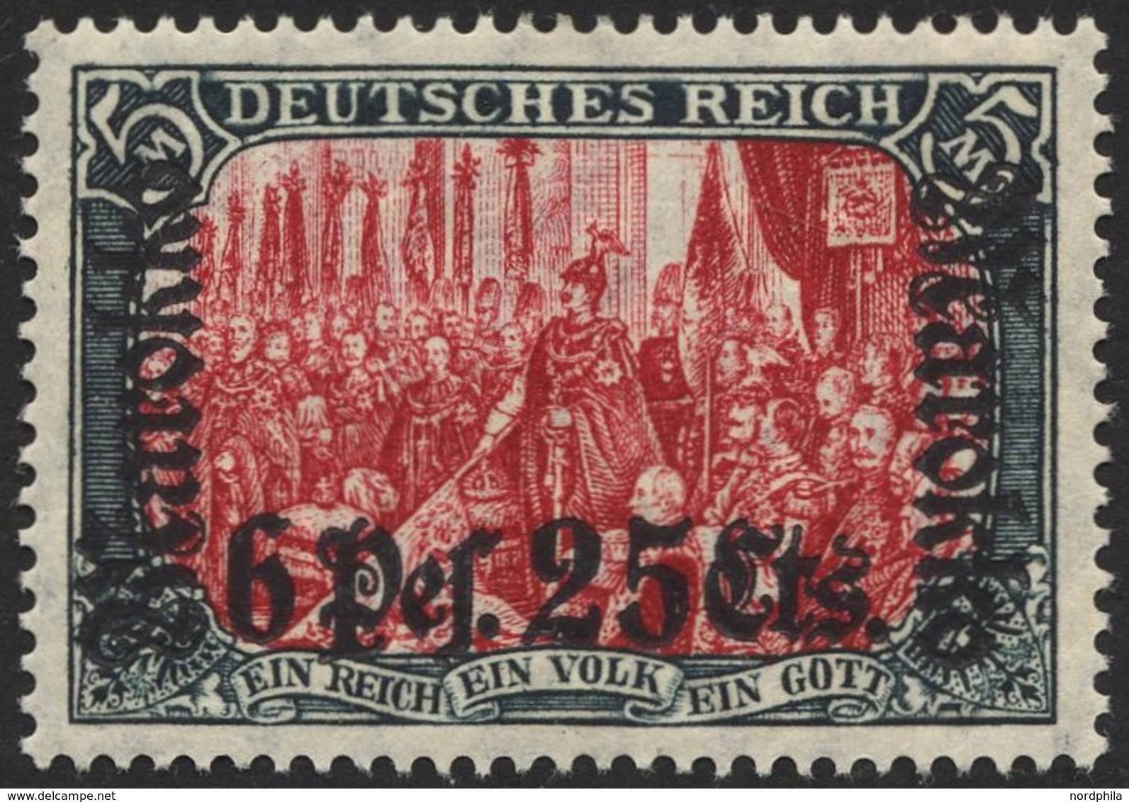 DP IN MAROKKO 58IAb *, 1911, 6 P. 25 C. Auf 5 M., Friedensdruck, Aufdruck Rußig, Falzreste, Pracht, Mi. 150.- - Deutsche Post In Marokko