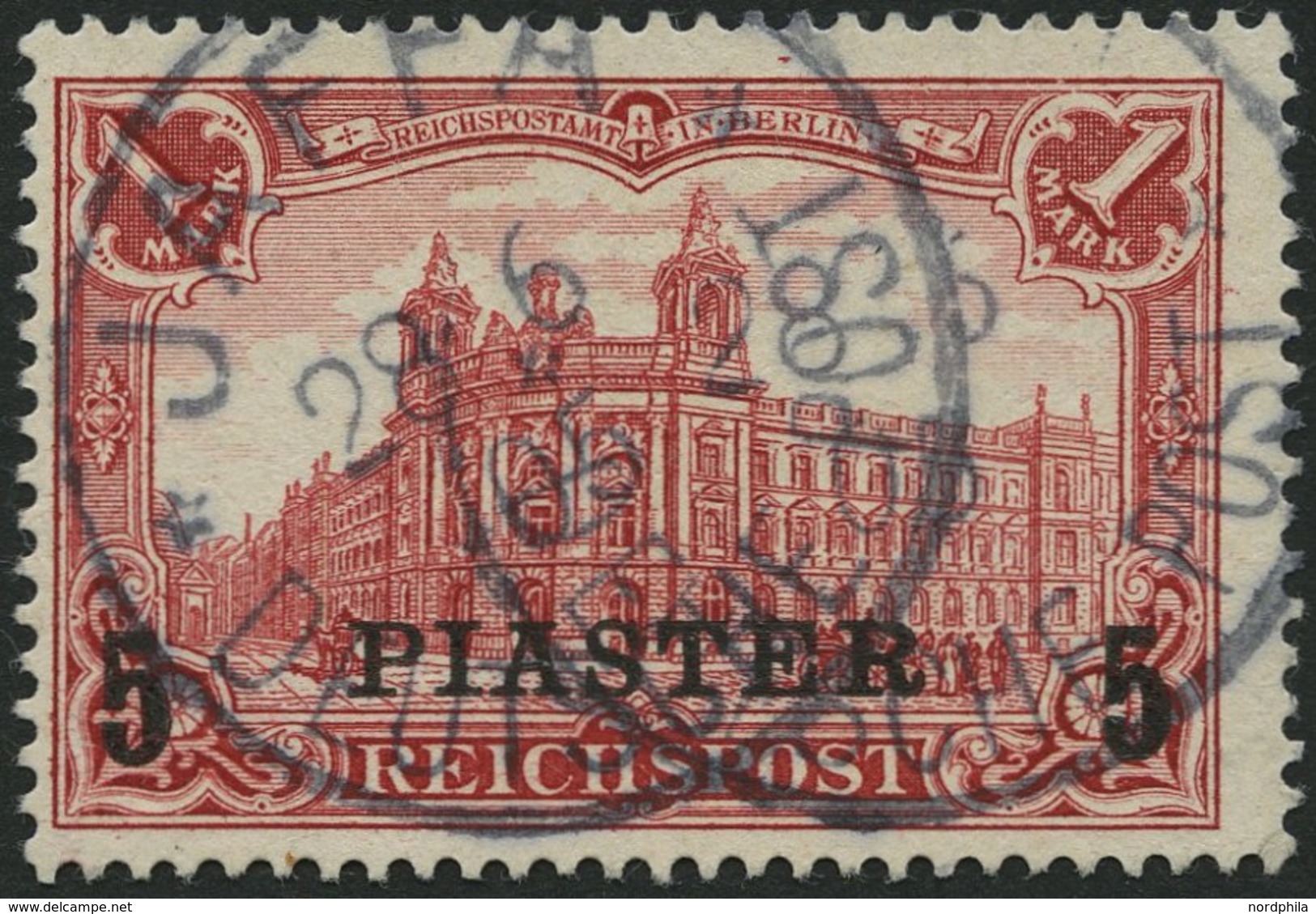 DP TÜRKEI 20II O, 1903, 5 PIA. Auf 1 M., Aufdruck Type II, Stempel JAFFA, Pracht, Gepr. W. Engel, Mi. 130.- - Turquia (oficinas)