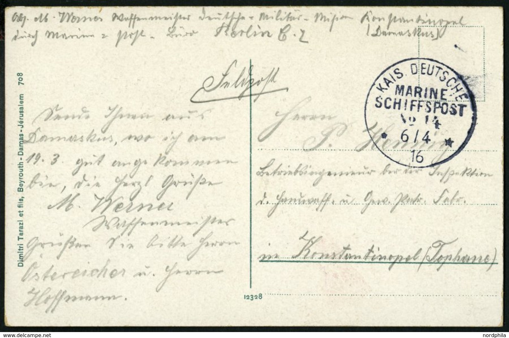 DP TÜRKEI 1916, MSP 14 (Dampfer GENERAL), Feldpost-Ansichtskarte Aus Damaskus, Pracht - Deutsche Post In Der Türkei