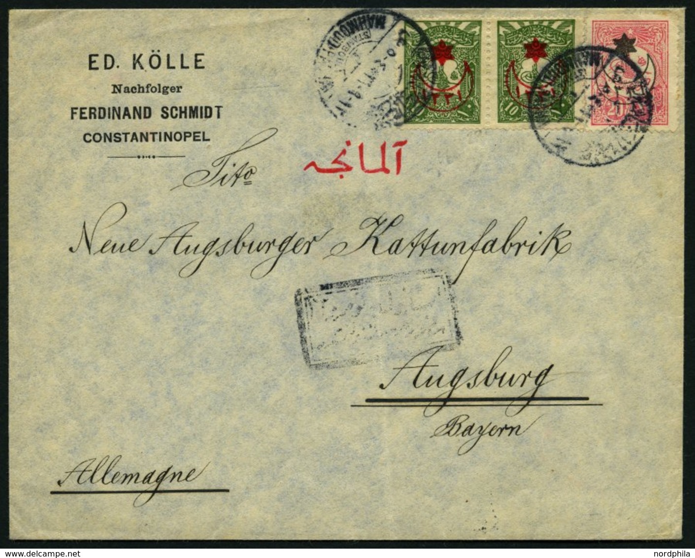 DP TÜRKEI 1915, Firmenbrief Von CONSTANTINOPEL über STAMBOUL Nach Augsburg Mit Türkischer Frankatur, Pracht - Deutsche Post In Der Türkei