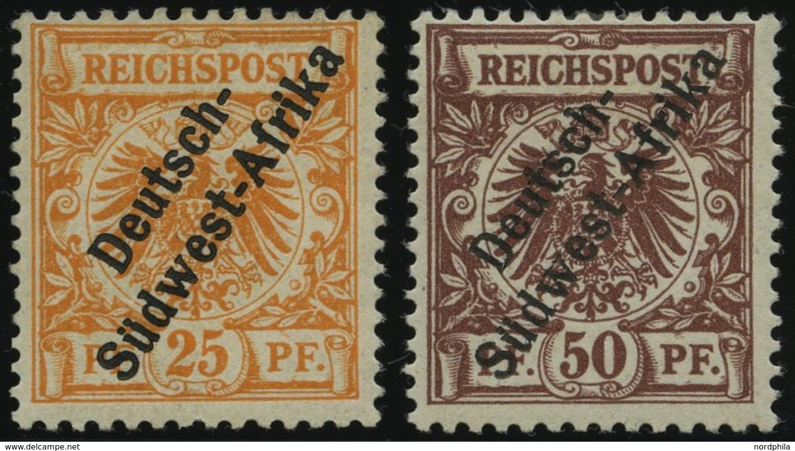 DSWA Ia,II *, 1897, 25 Pf. Gelblichorange Und 50 Pf. Lebhaftrötlichbraun, Falzreste, 2 Prachtwerte, Gepr. W. Engel, Mi.  - Sud-Ouest Africain Allemand