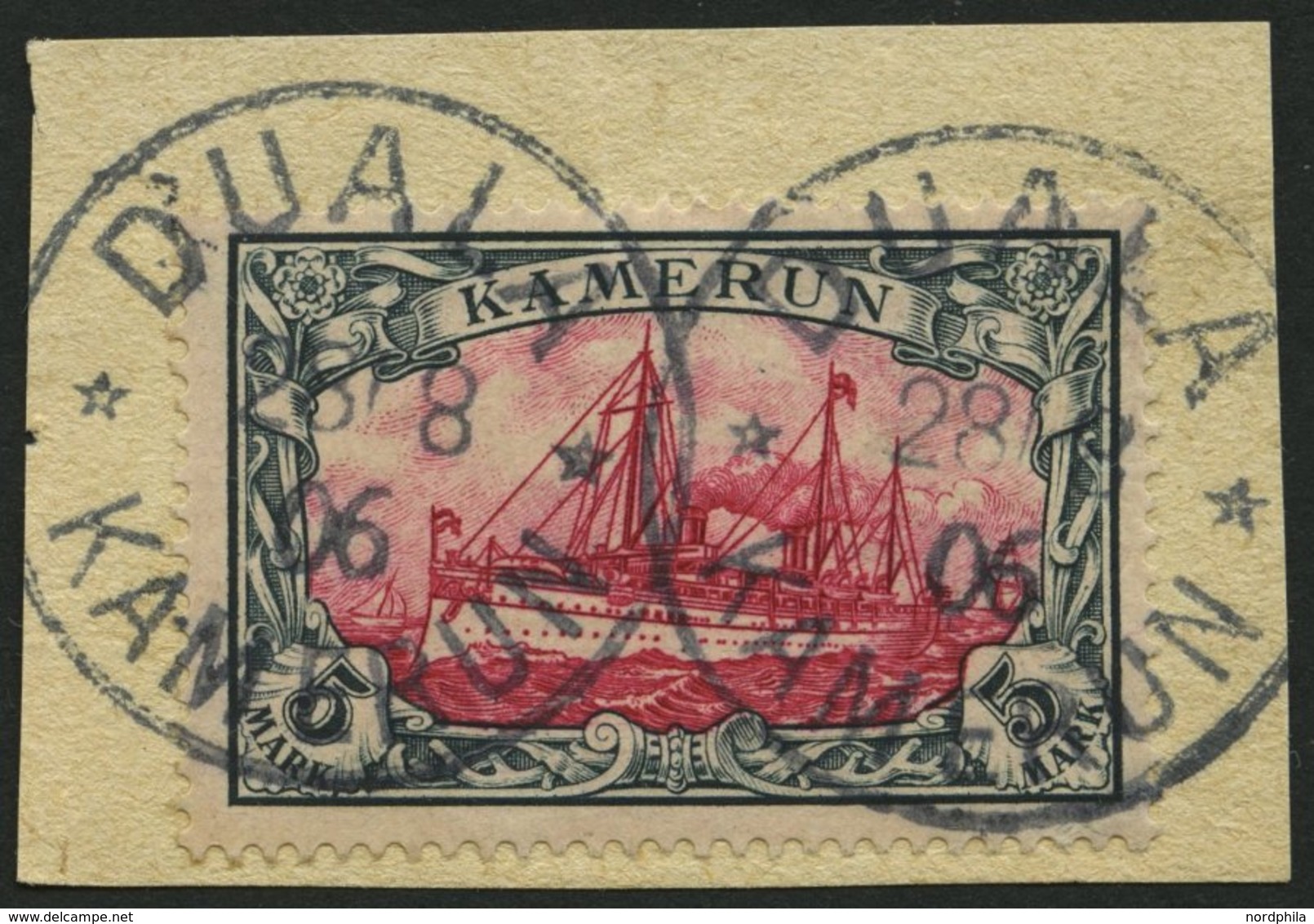 KAMERUN 19 BrfStk, 1900, 5 M. Grünschwarz/rot, Ohne Wz., Stempel DUALA, Prachtbriefstück, Mi. (600.-) - Camerún