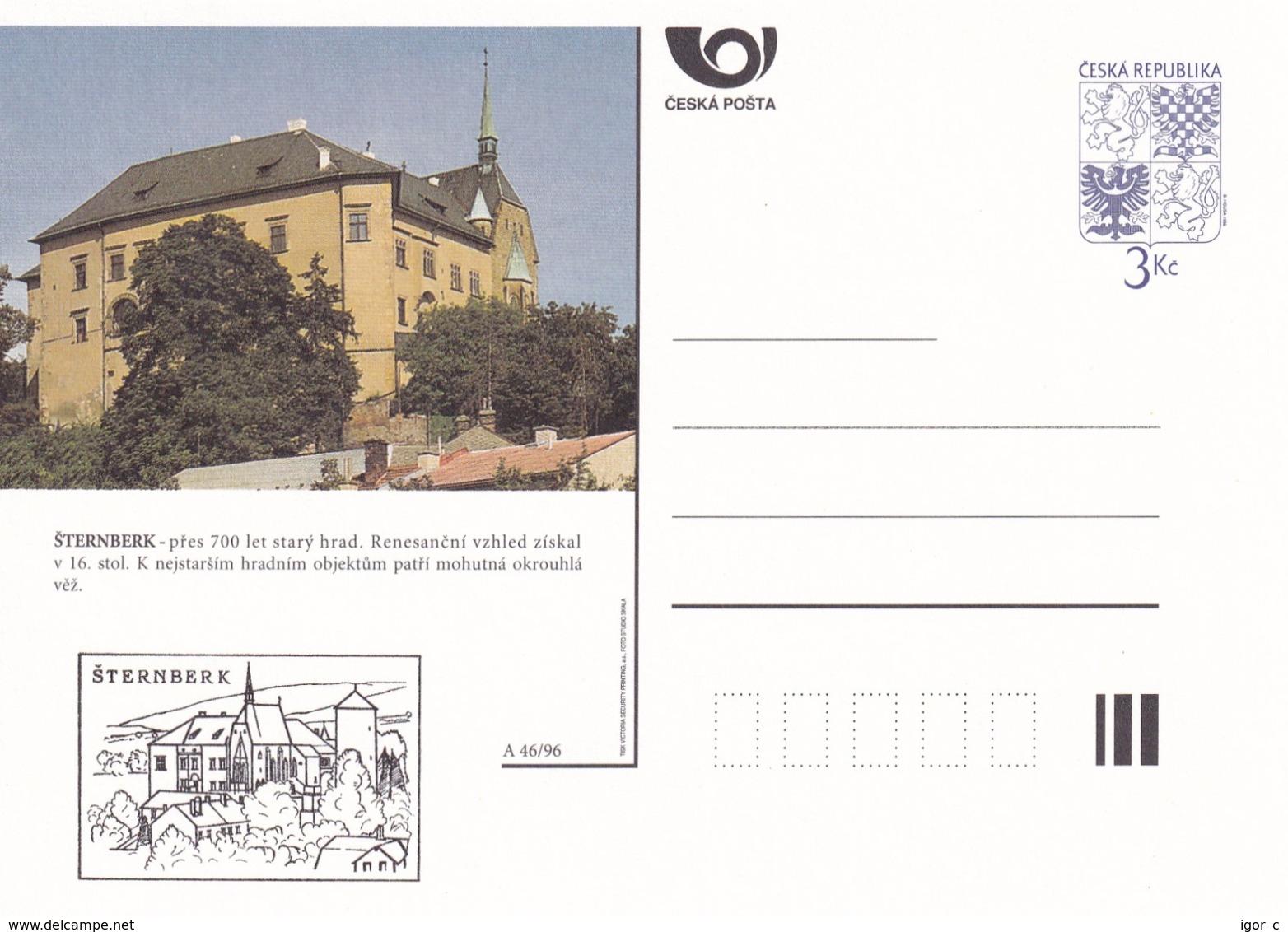 Czech Republic 1996 Postal Stationery Card: Architecture Castle Lion Eagle; ŠTERNBERK A46/96; - Sonstige & Ohne Zuordnung