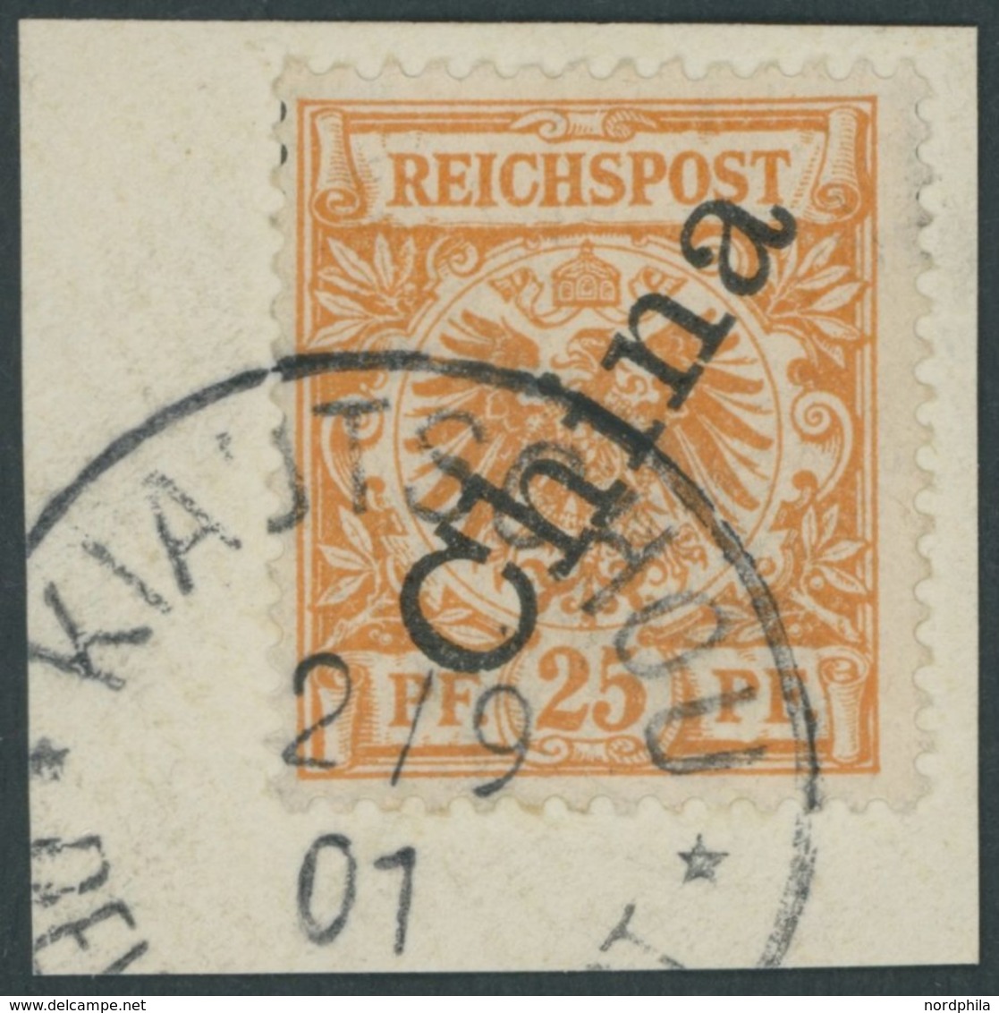 KIAUTSCHOU M 5IIa BrfStk, 1901, 25 Pf. Gelblichorange Steiler Aufdruck, Stempel KIAUTSCHOU DP ** Prachtbriefstück - Kiautchou