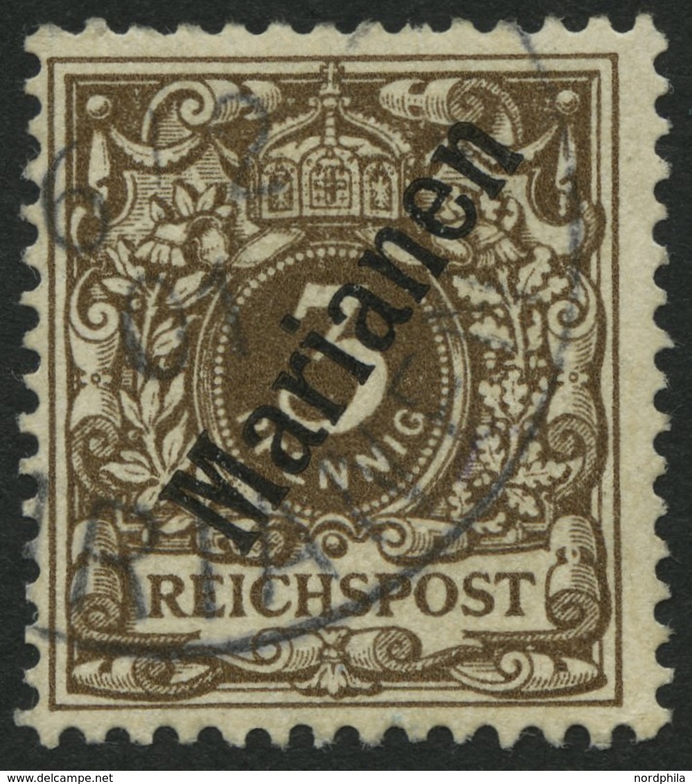 MARIANEN 1IIPFI O, 1900, 3 Pf. Steiler Aufdruck Mit Plattenfehler Bruch In Der Bandrolle Rechts Unten, Stempel Sorte I,  - Islas Maríanas