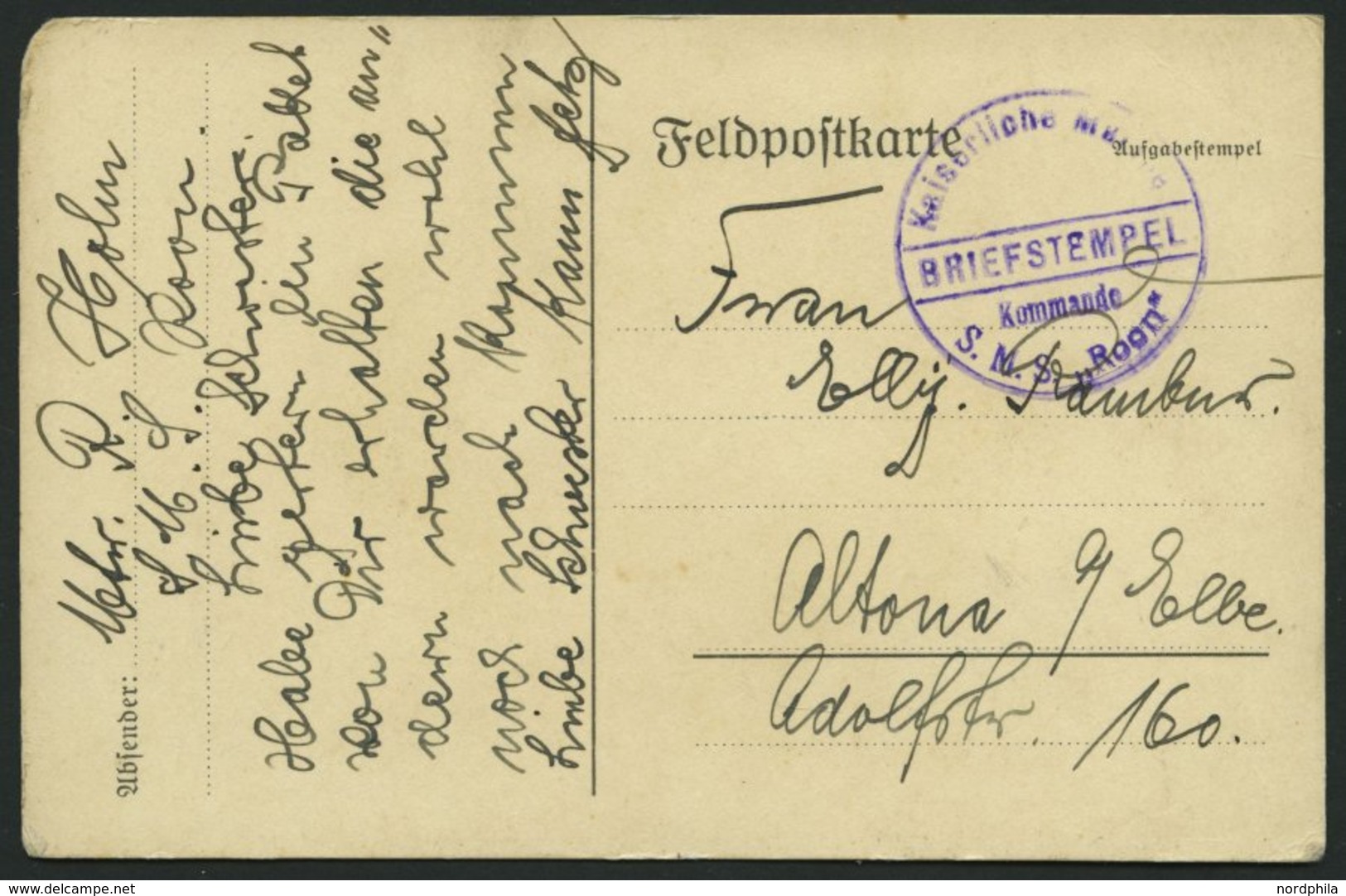 MSP VON 1914 - 1918 (Großer Kreuzer ROON), Violetter Briefstempel, Feldpostkarte Von Bord Der Roon, Pracht - Maritime