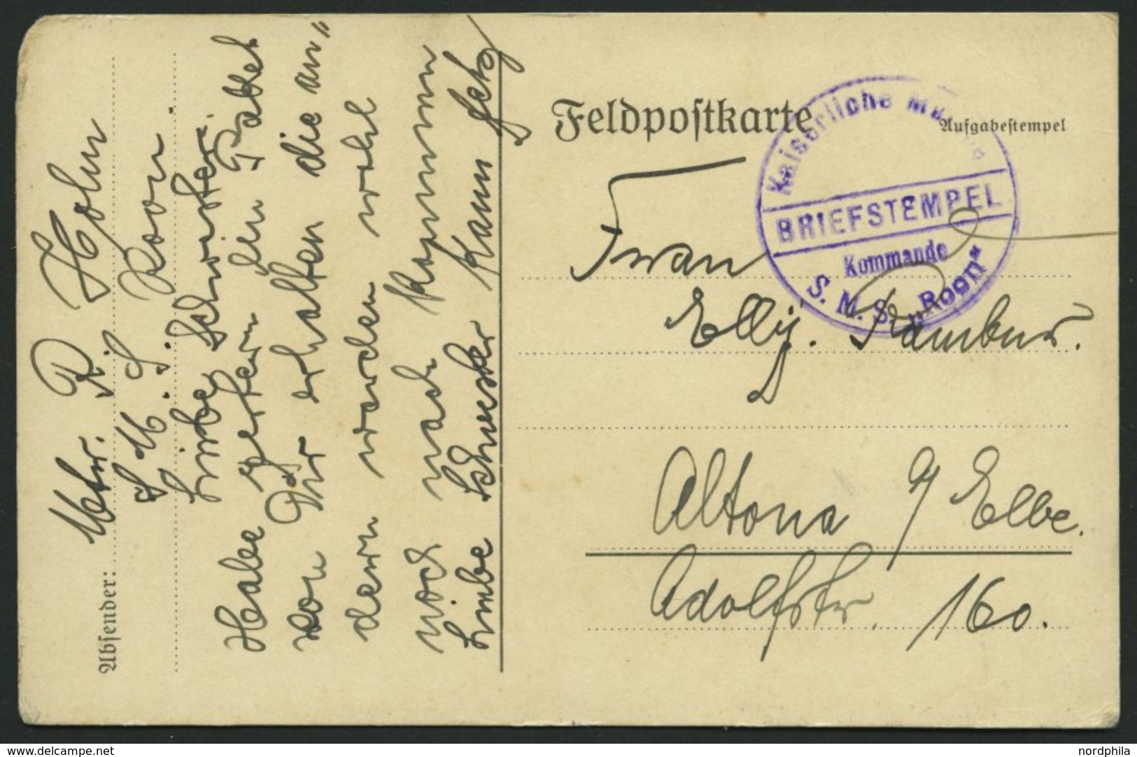 MSP VON 1914 - 1918 (Großer Kreuzer ROON), Violetter Briefstempel, Feldpostkarte Von Bord Der Roon, Pracht - Marítimo