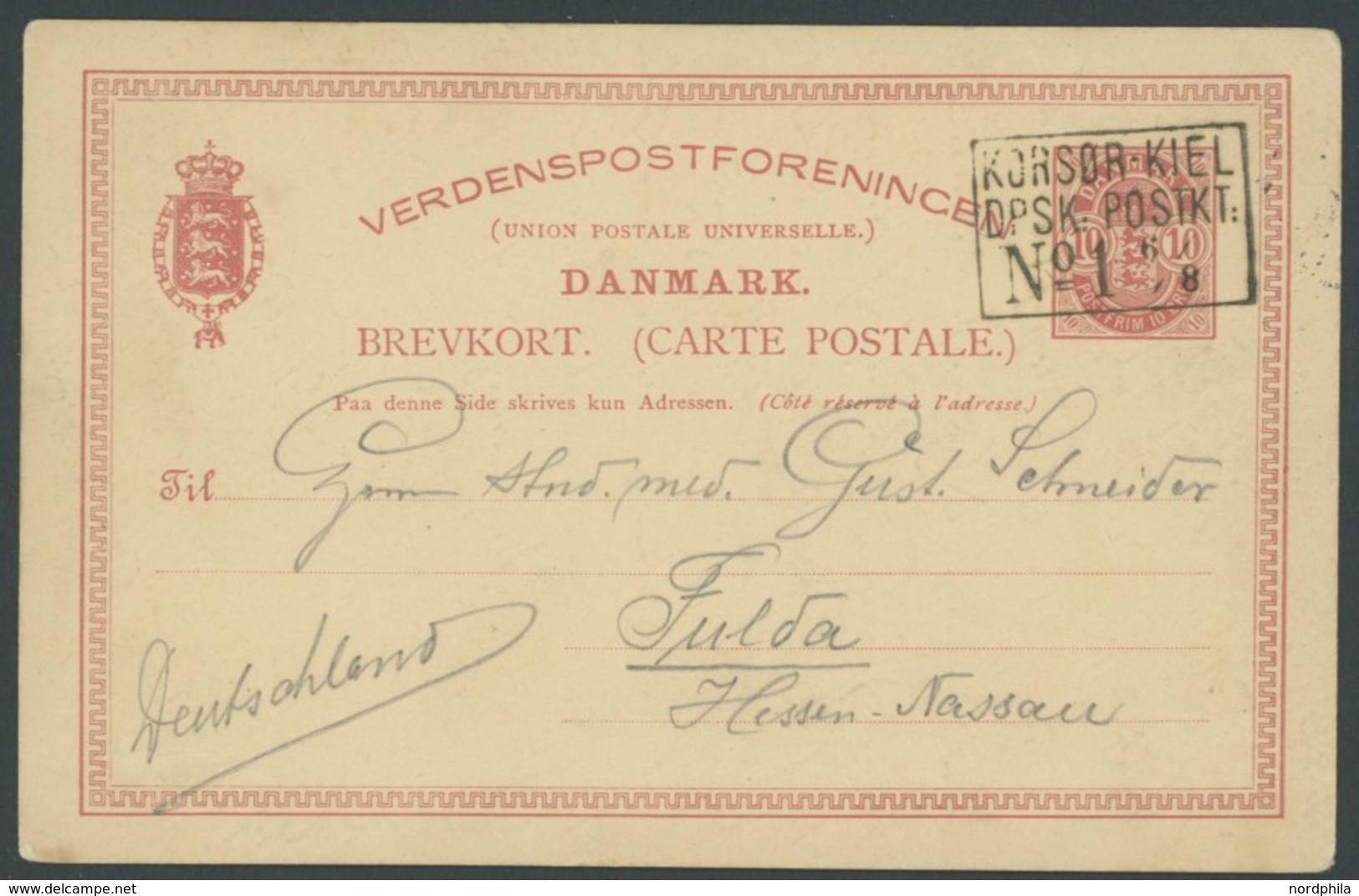 DEUTSCHE SCHIFFSPOST DK BRIEF, KORSØR-KIEL No. 1, R3 Auf Dänischer 10 Ø Ganzsachenkarte (1889) Von KOPENHAGEN Nach Fulda - Marítimo