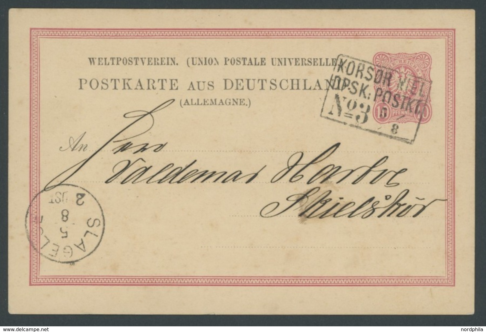 DEUTSCHE SCHIFFSPOST DR P 8 BRIEF, KORSØR-KIEL No. 3, R3 Auf 10 Pf. Ganzsachenkarte (1886) Von KIEL Nach Slagelse, Prach - Marítimo